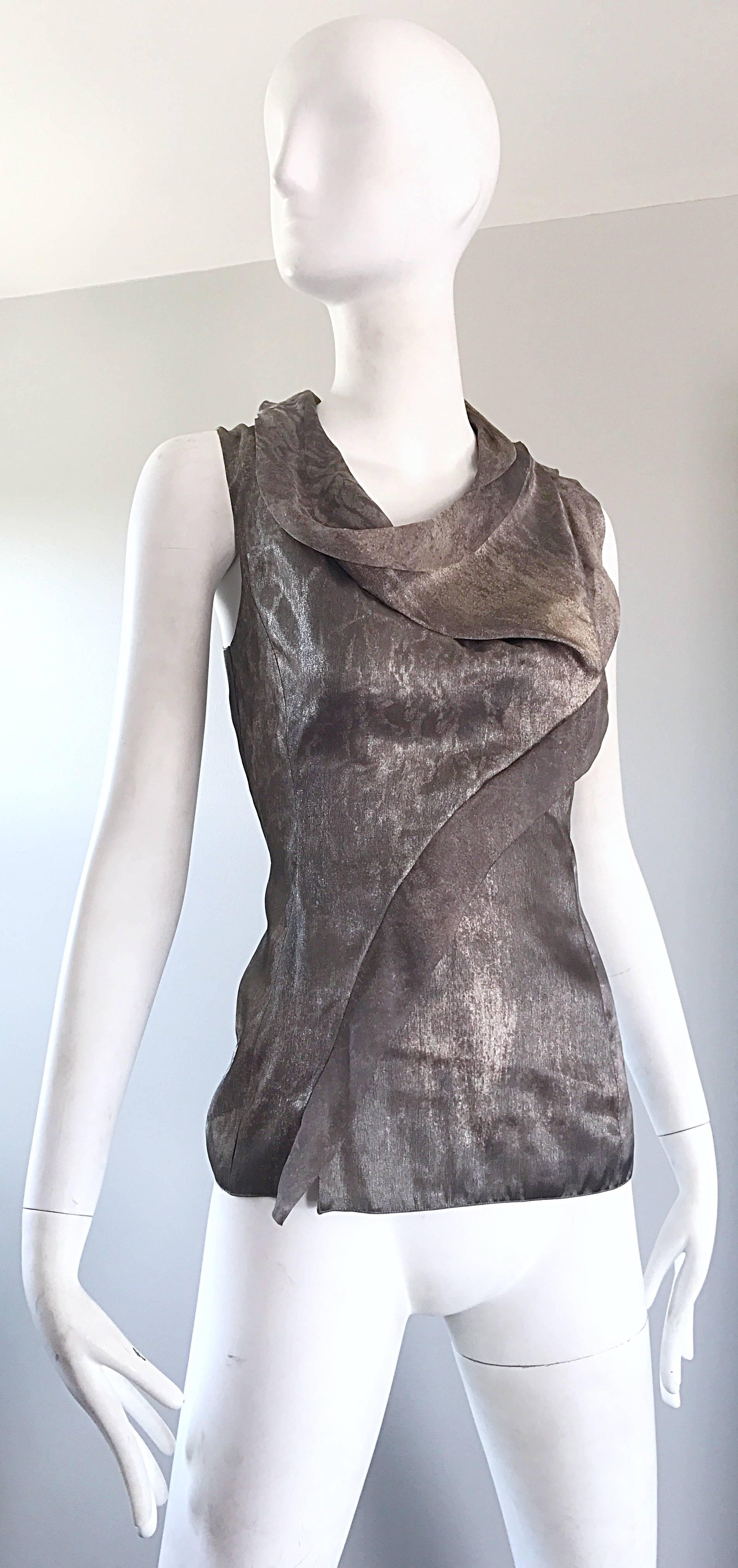 Giorgio Armani 1990s Silver Gunmetal Avant Garde Vintage 90s Silk Blouse Top For Sale 1