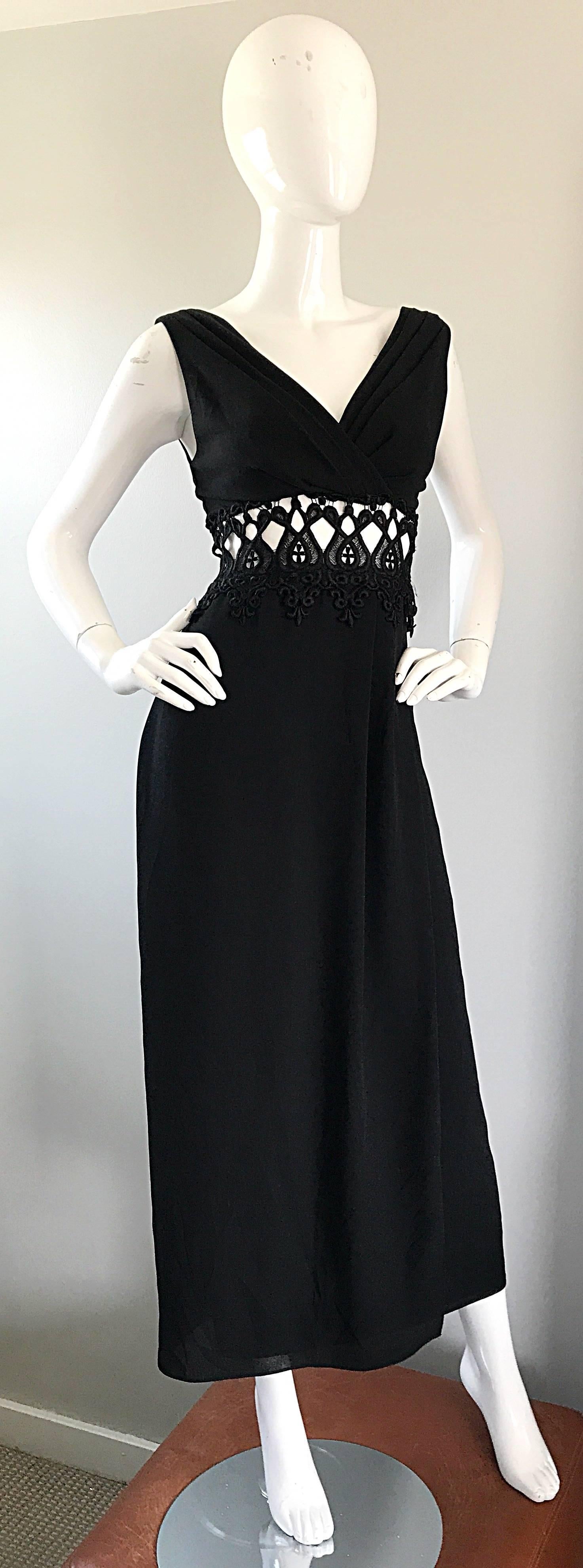 Sexy 1990s Black Cut - Out Waist Embroidered Sleeveless Vintage 90s Maxi Dress For Sale 1