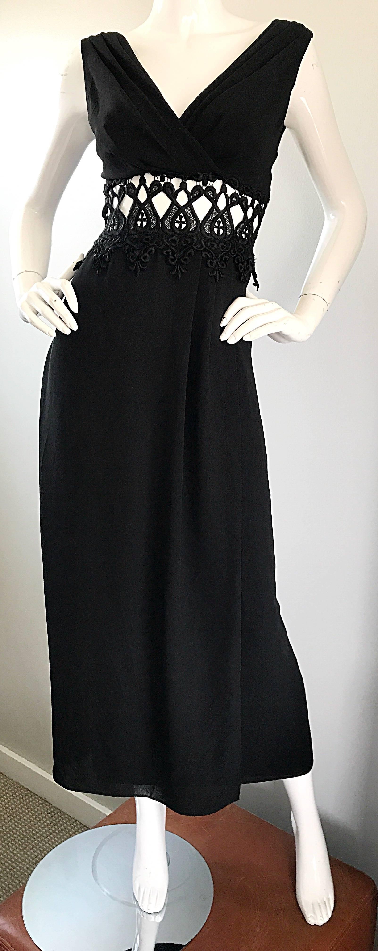 Sexy 1990s Black Cut - Out Waist Embroidered Sleeveless Vintage 90s Maxi Dress For Sale 2