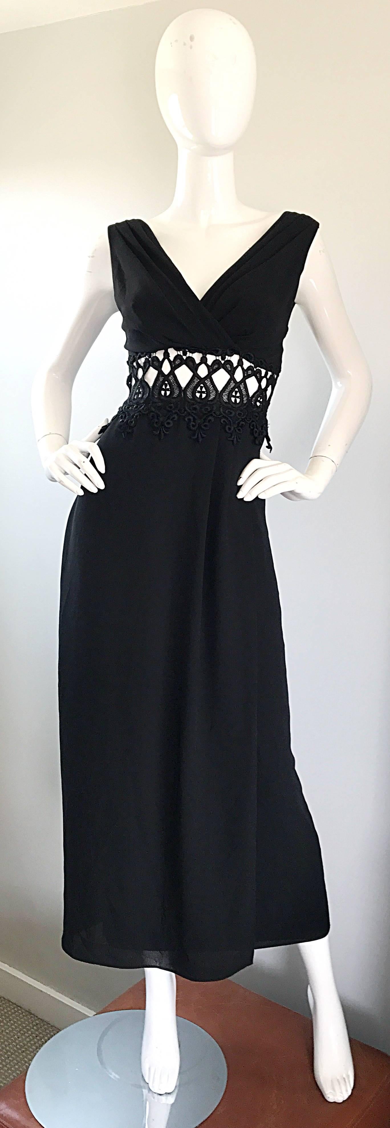 Sexy 1990s Black Cut - Out Waist Embroidered Sleeveless Vintage 90s Maxi Dress For Sale 4