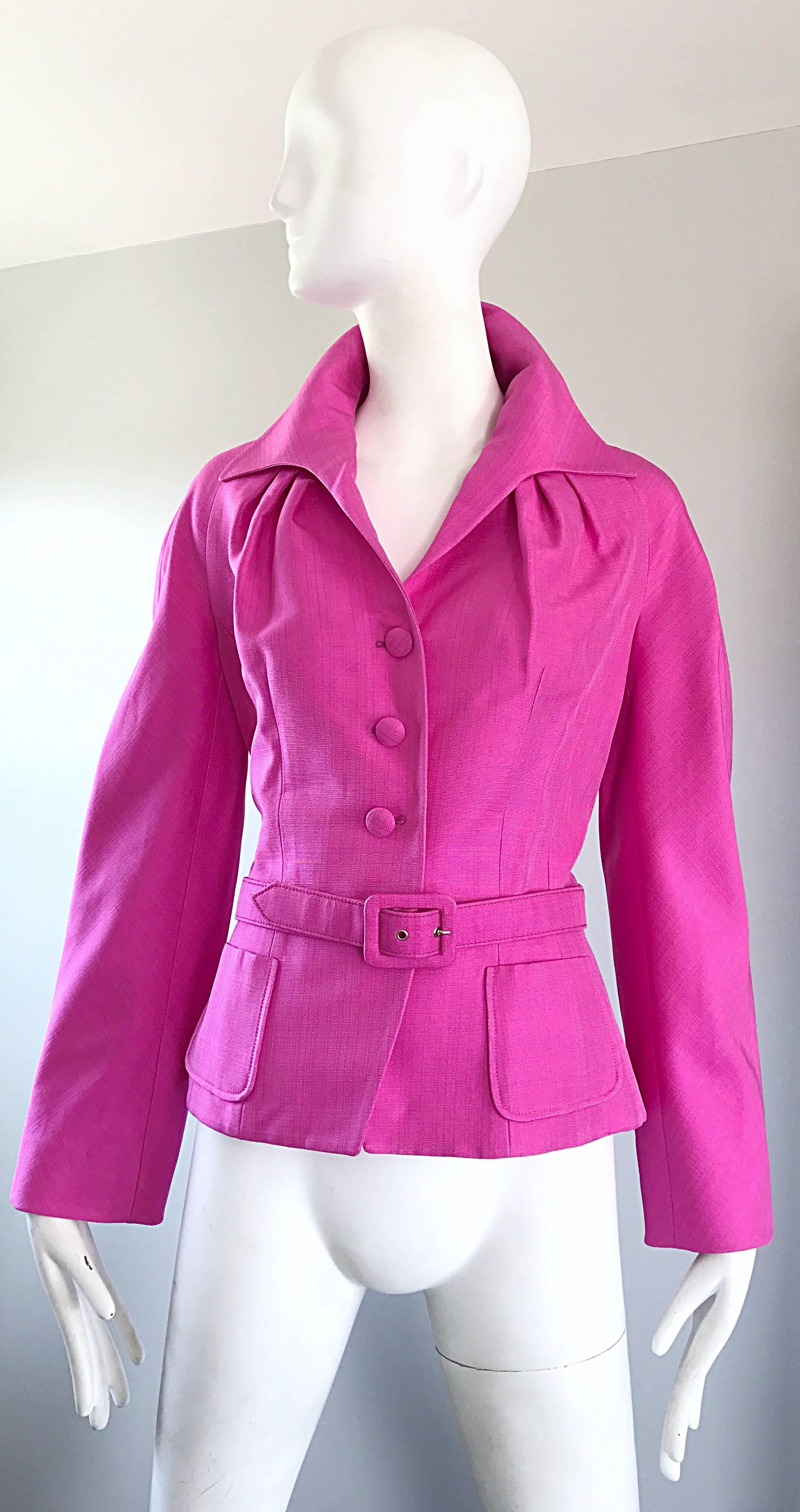 Fabulous vintage CHRISTIAN DIOR, by JOHN GALLIANO bubblegum hot pink belted silk blend jacket! Wonderful silk blend; 65% Viscose, 35% Silk, and fully lined in silk. Features three exterior fabric covered buttons, along with one hidden interior
