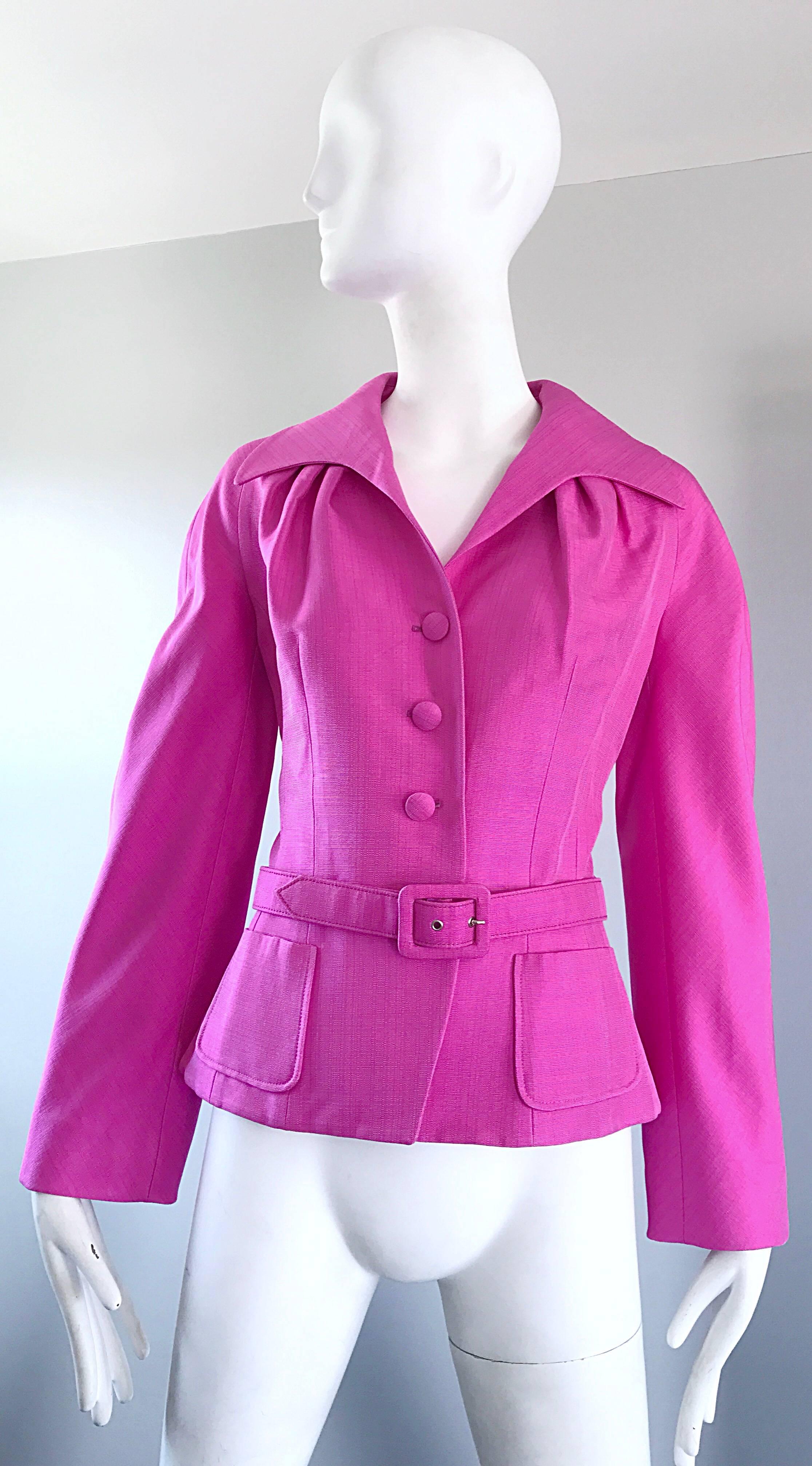 Christian Dior by John Galliano Size 10 Bubblegum Pink Silk Blend Belted Jacket 2