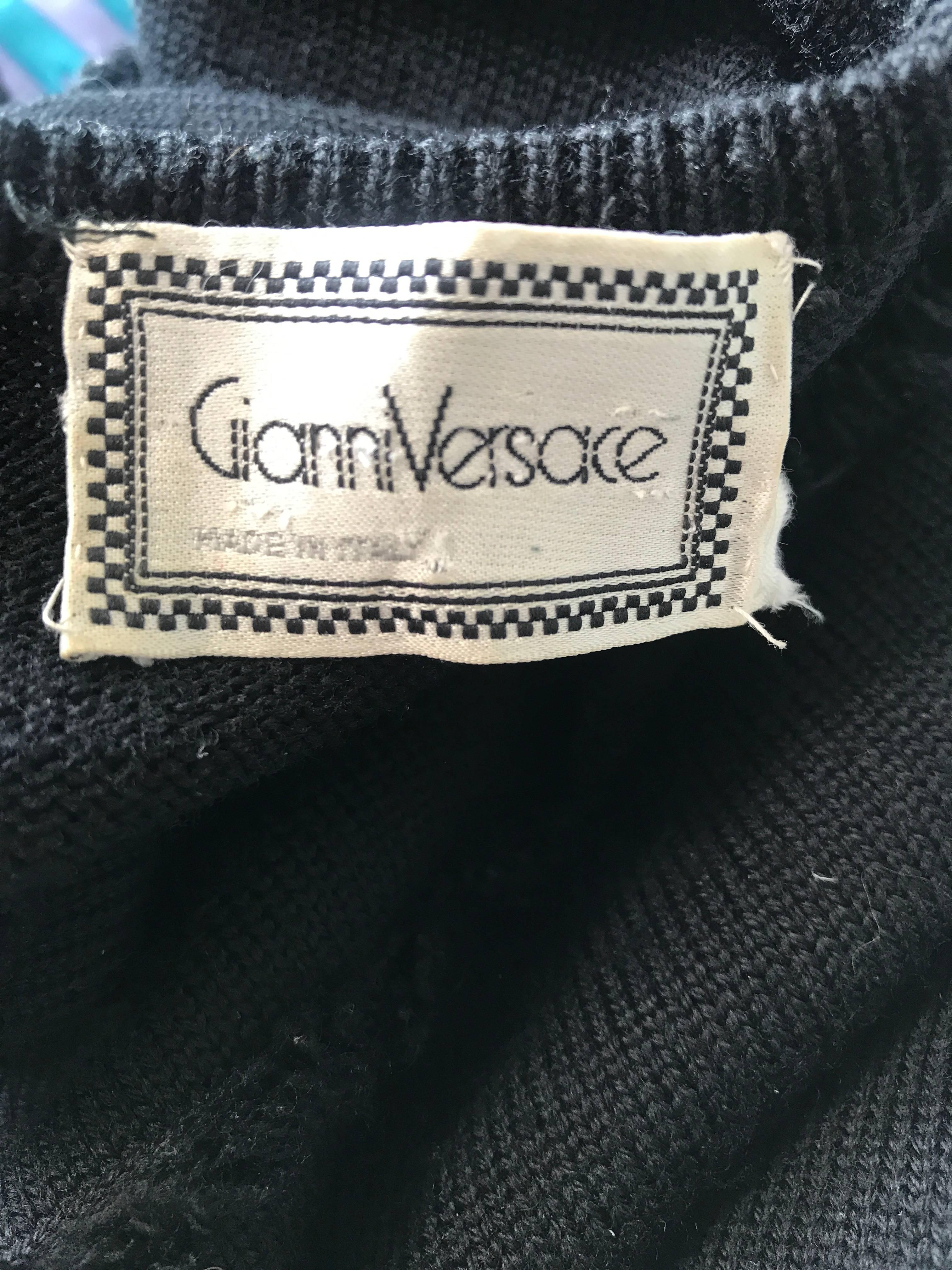 Early Gianni Versace 1980s Sexy Black Fringe 80s Vintage Cotton Sweater Crop Top For Sale 3