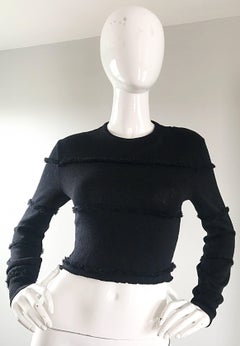 Early Gianni Versace 1980s Sexy Black Fringe 80s Vintage Cotton Sweater Crop Top