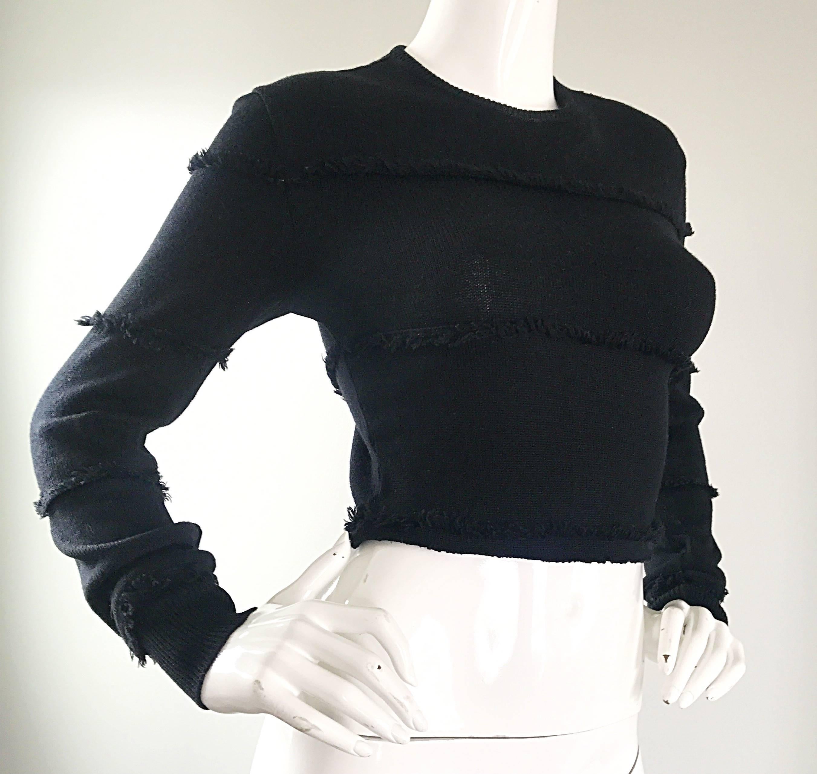 Early Gianni Versace 1980s Sexy Black Fringe 80s Vintage Cotton Sweater Crop Top en vente 2