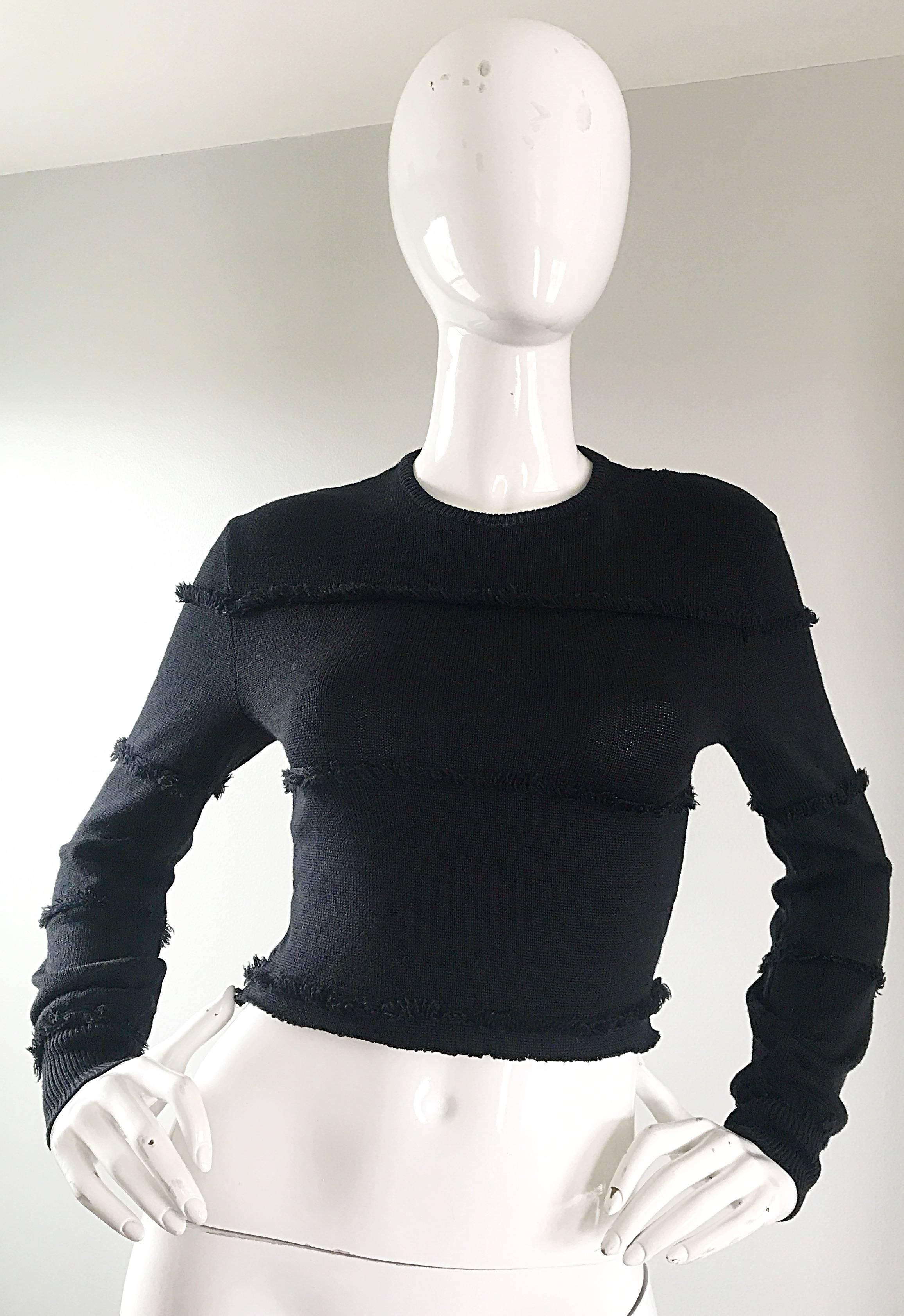 Early Gianni Versace 1980s Sexy Black Fringe 80s Vintage Cotton Sweater Crop Top For Sale 2