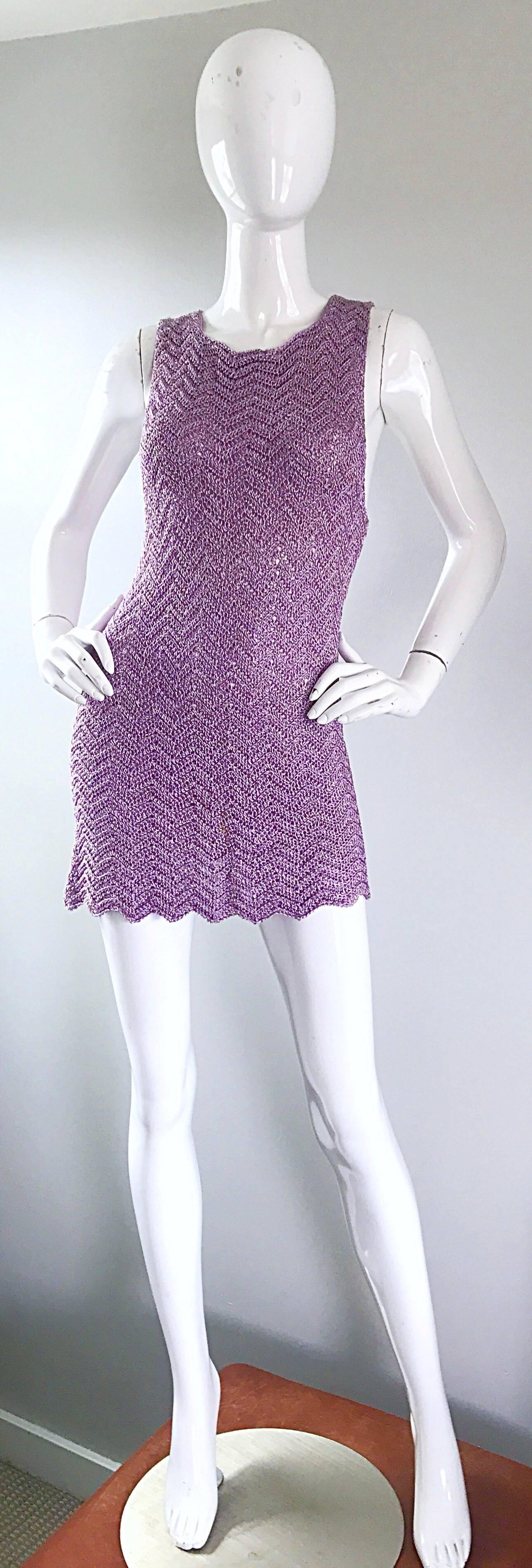 Sexy 90s ISAAC MIZRAHI for BERGDORF GOODMAN light purple lavender and gold crochet mini dress! Features a seductive low cut sleeve. Simple slips over to head. Hand crochet rayon features gold silk thread intertwined throughout, and is super soft