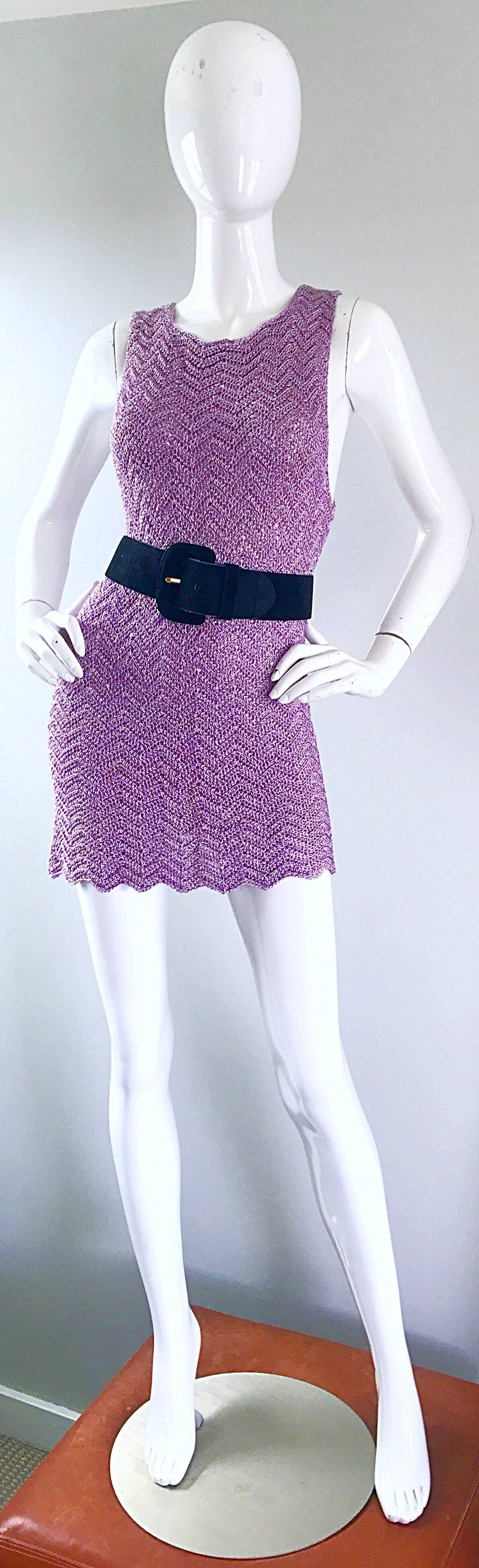 Women's Vintage Isaac Mizrahi Bergdorf Goodman 1990s Purple + Gold Crochet Mini Dress 