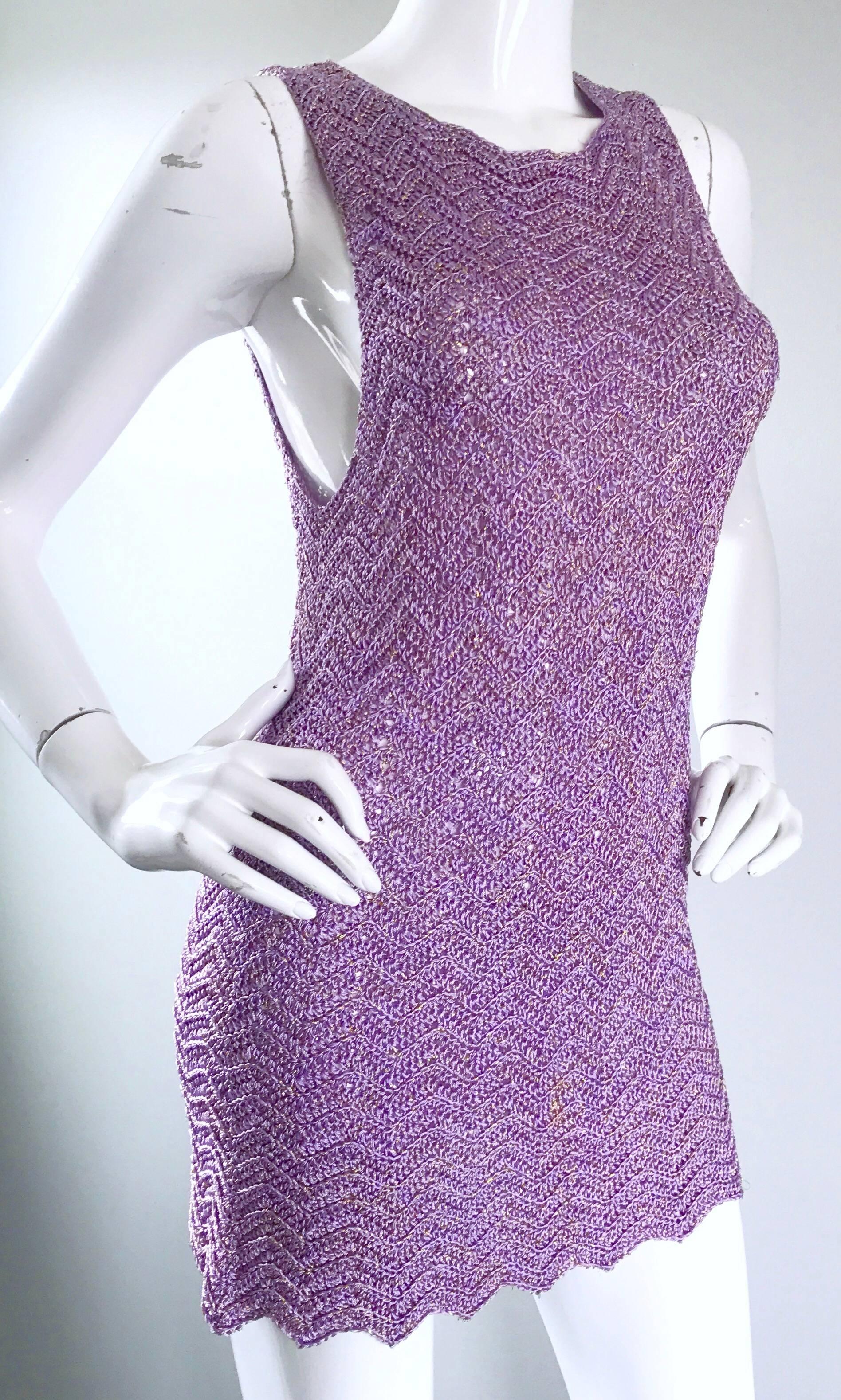 Vintage Isaac Mizrahi Bergdorf Goodman 1990s Purple + Gold Crochet Mini Dress  1
