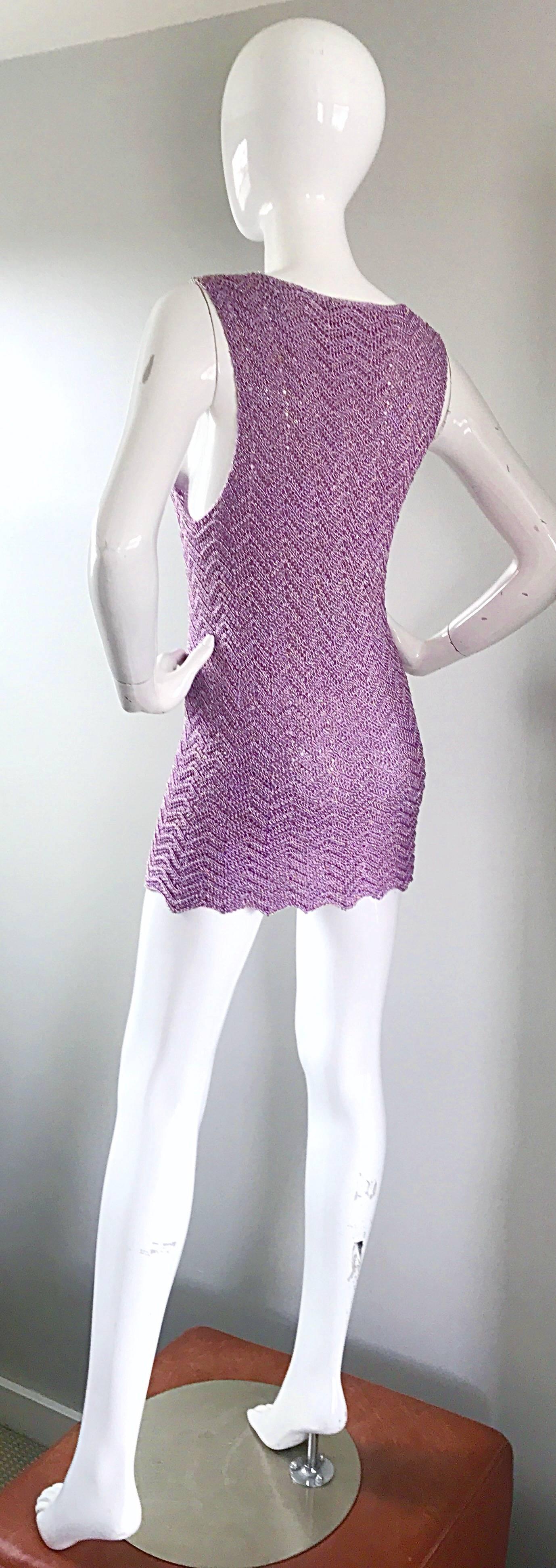 Vintage Isaac Mizrahi Bergdorf Goodman 1990s Purple + Gold Crochet Mini Dress  2