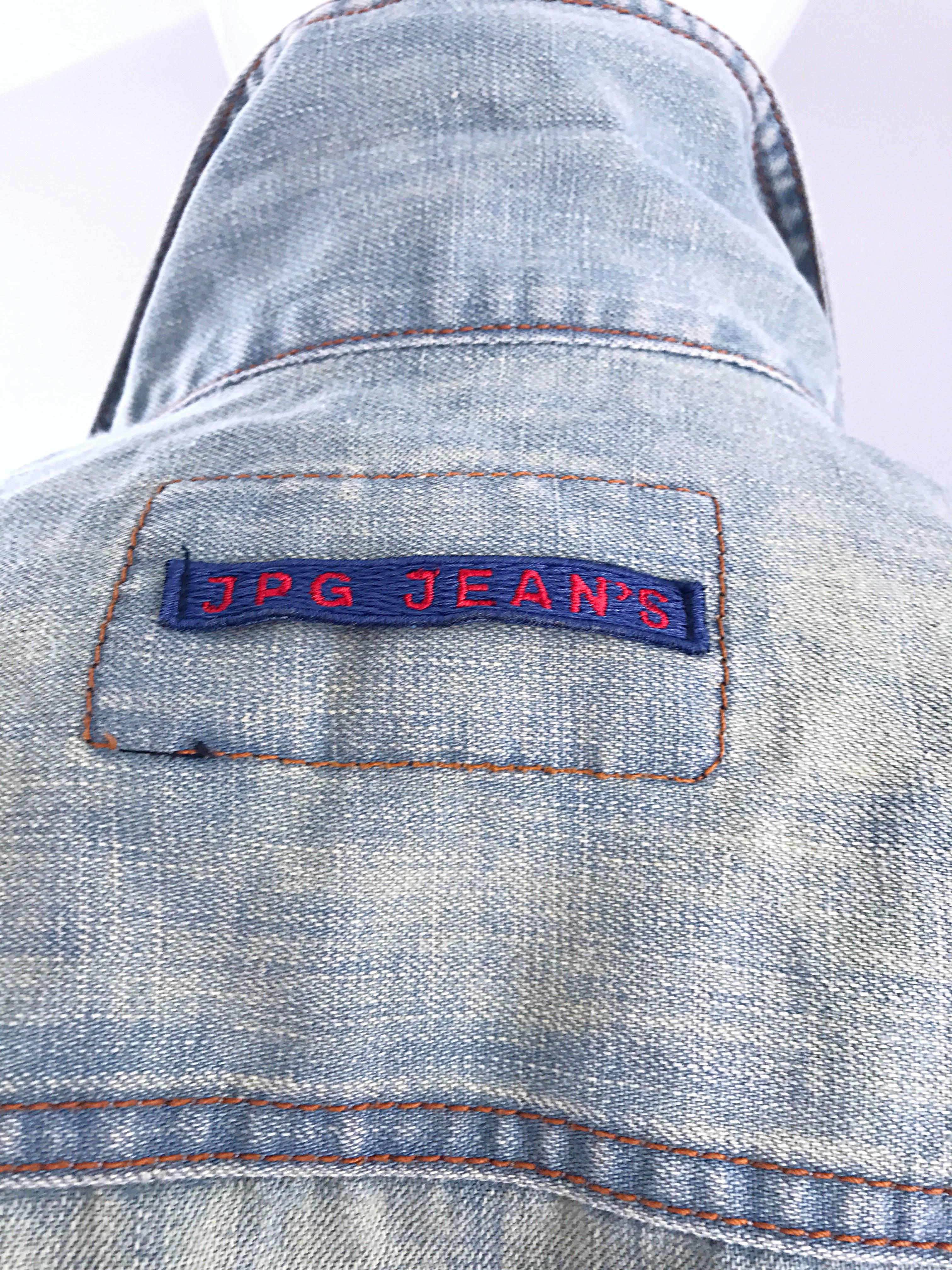 Gray 1990s Jean Paul Gaultier Stonewash Blue Jean Denim Vintage Belted 90s Jacket  For Sale