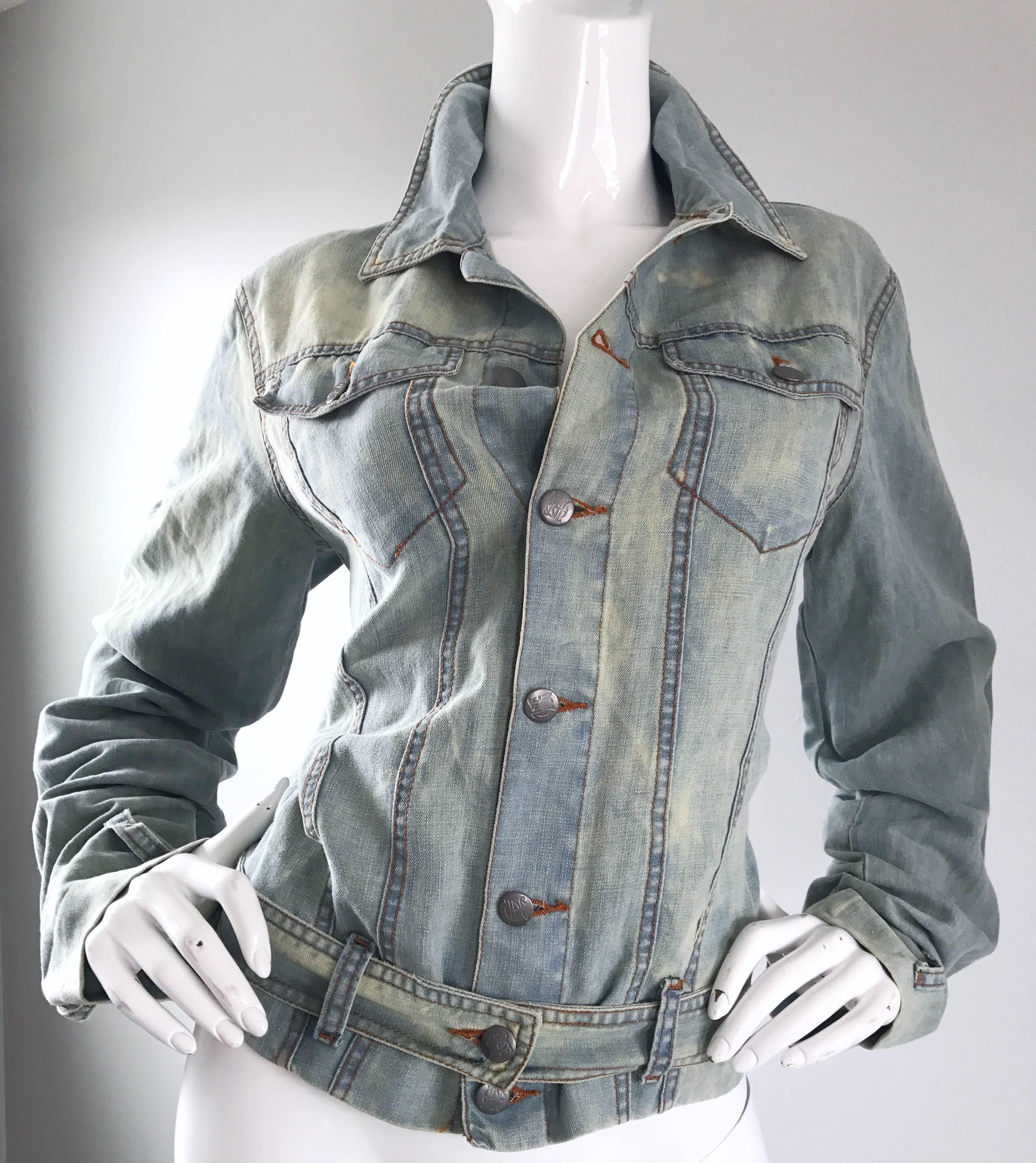 1990s Jean Paul Gaultier Stonewash Blue Jean Denim Vintage Belted 90s Jacket  In Excellent Condition For Sale In San Diego, CA