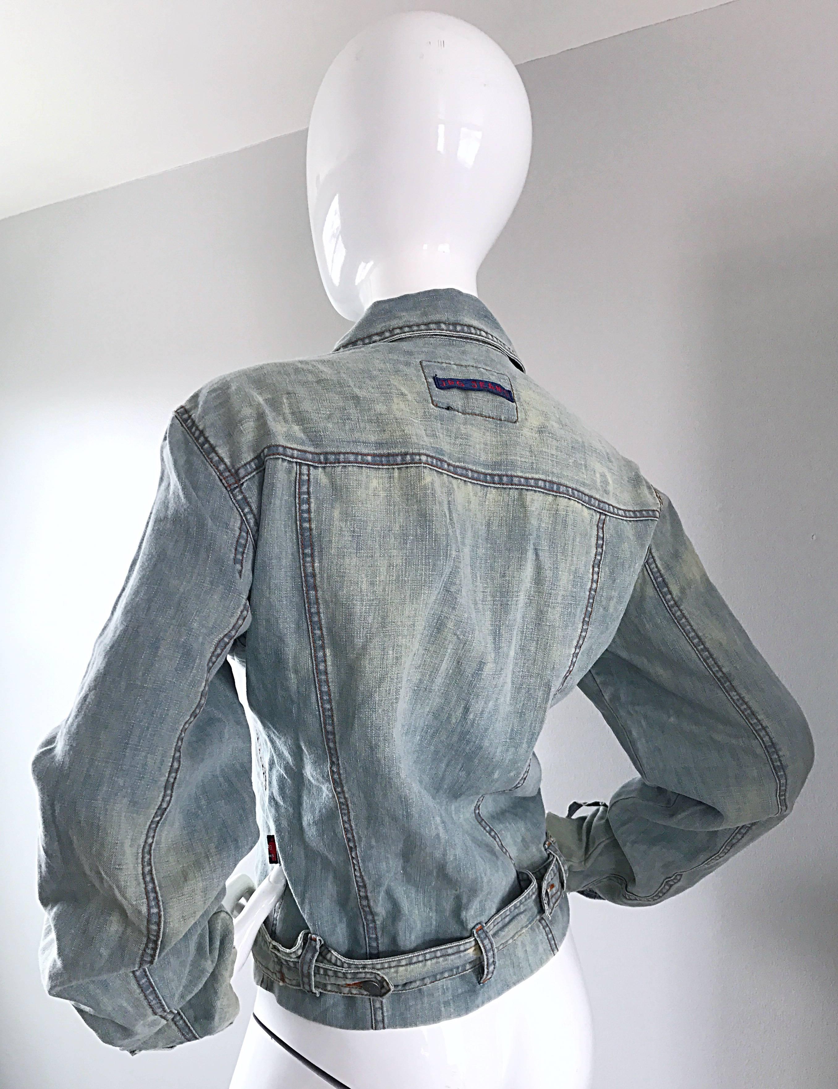 Women's or Men's 1990s Jean Paul Gaultier Stonewash Blue Jean Denim Vintage Belted 90s Jacket  For Sale