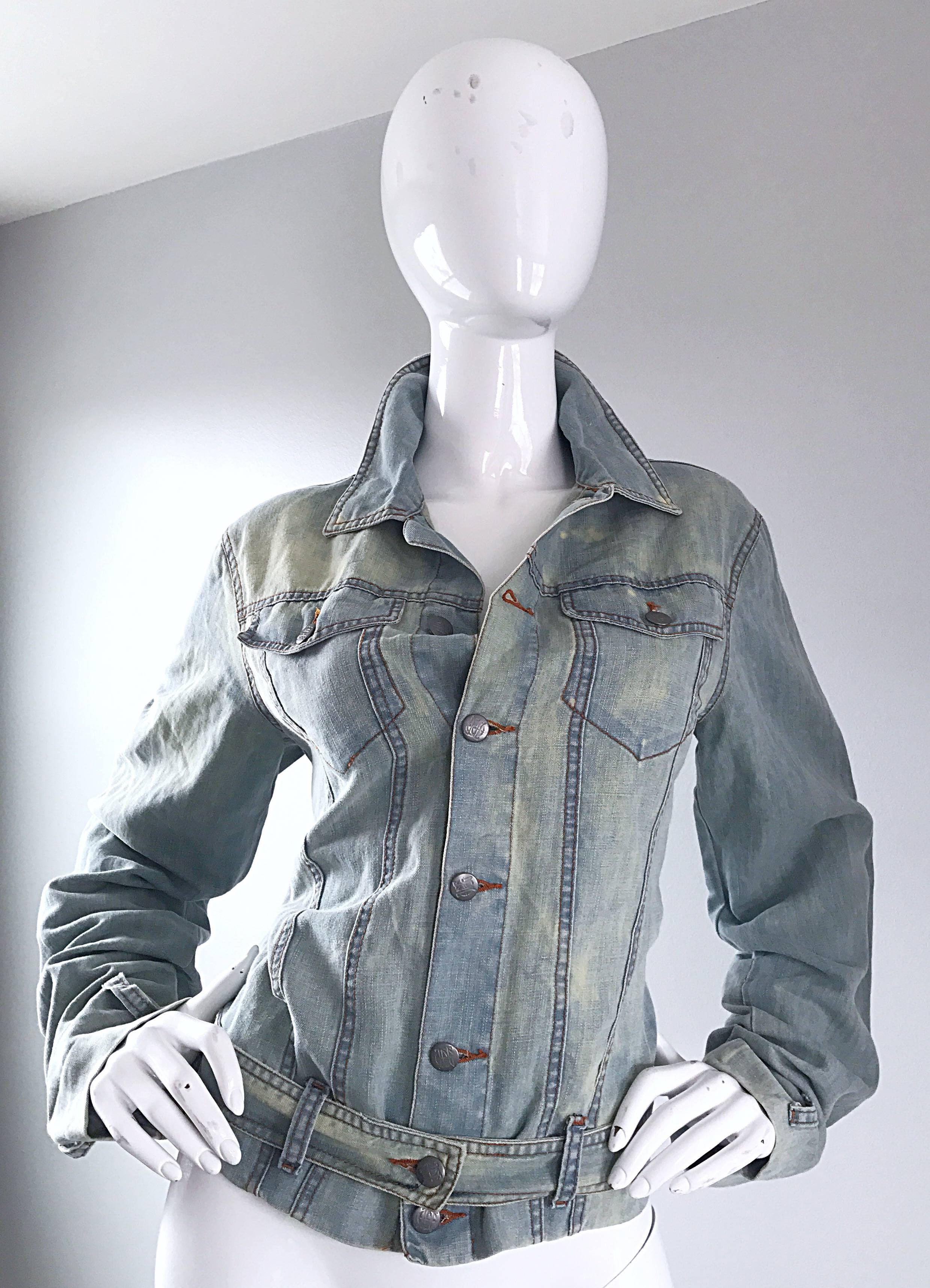 1990s Jean Paul Gaultier Stonewash Blue Jean Denim Vintage Belted 90s Jacket  For Sale 1