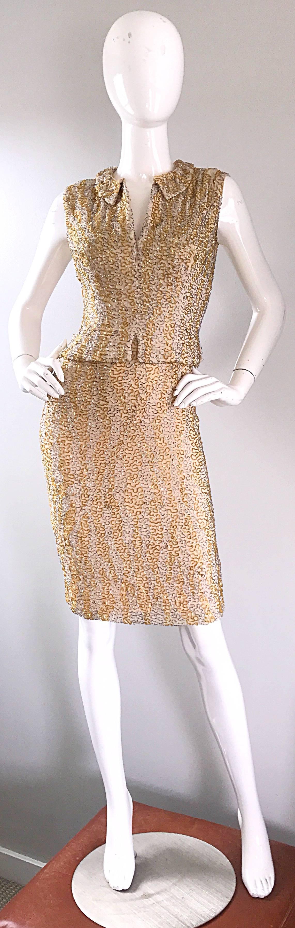 Gorgeous vintage 50s HARVEY FURST demi couture heavily beaded gold and silver silk chiffon dress! Features thousands of hand-sewn silver and gold beads throughout. Soft luxurious ivory silk chiffon feels great against the skin. Chic Peter Pan