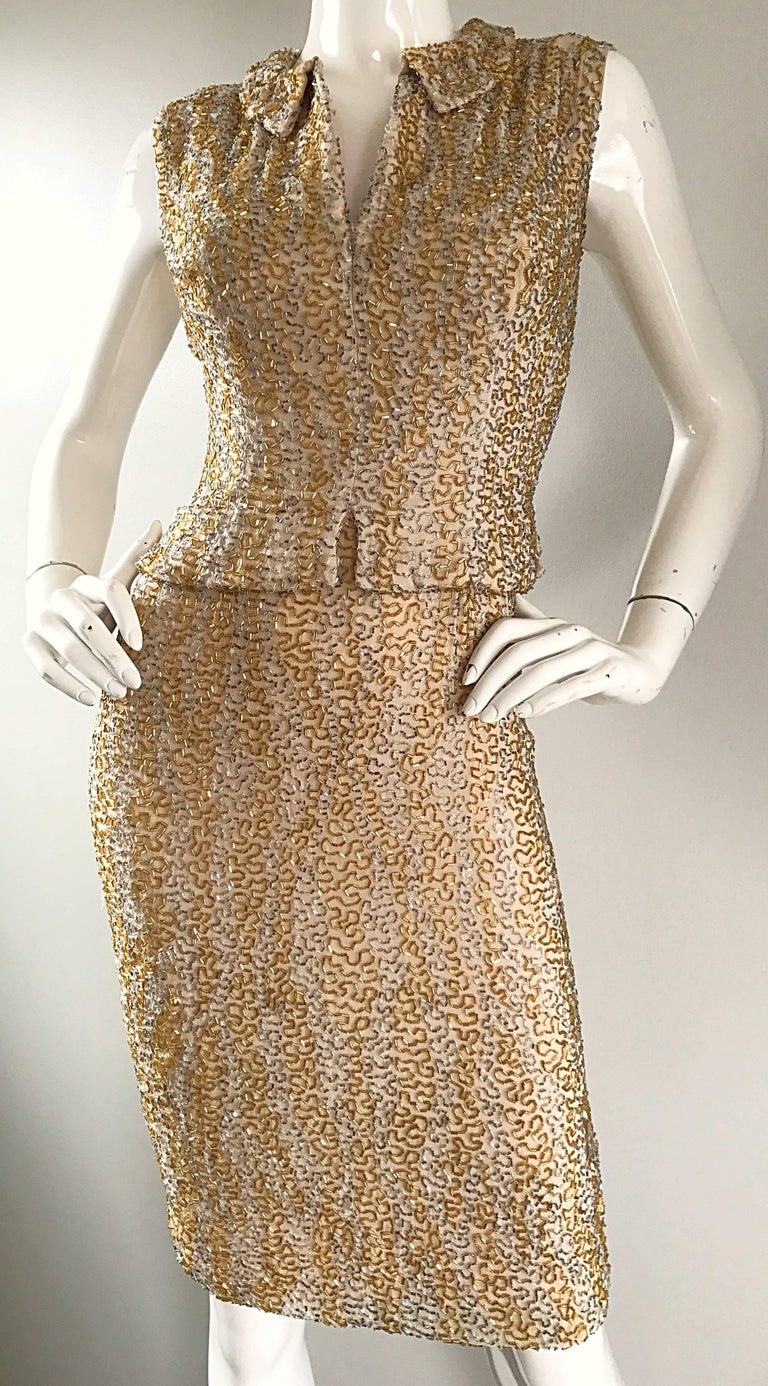 1950s Harvey Furst Demi Couture Gold + Silver Heavily Beaded Silk ...