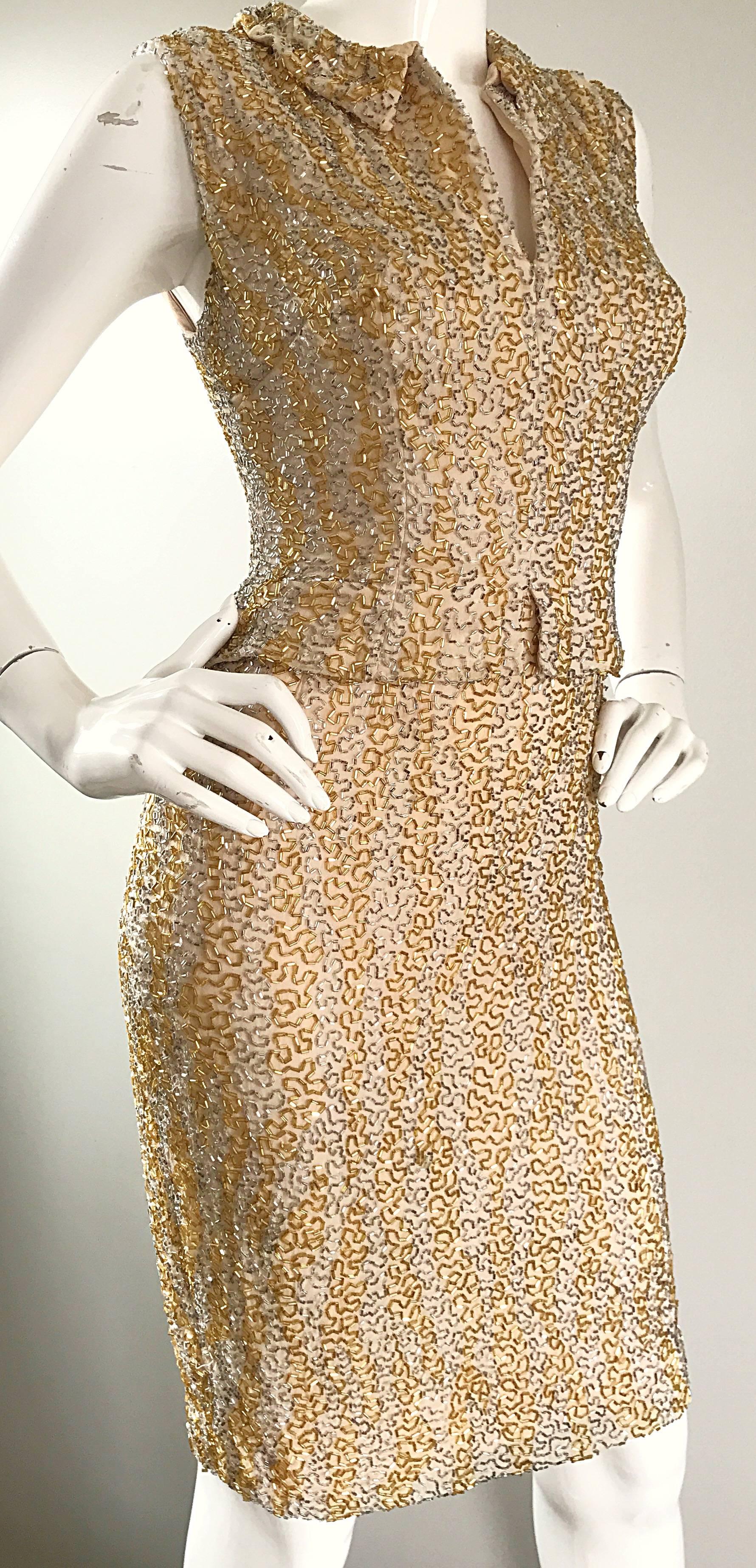 Beige 1950s Harvey Furst Demi Couture Gold + Silver Heavily Beaded Silk Chiffon Dress