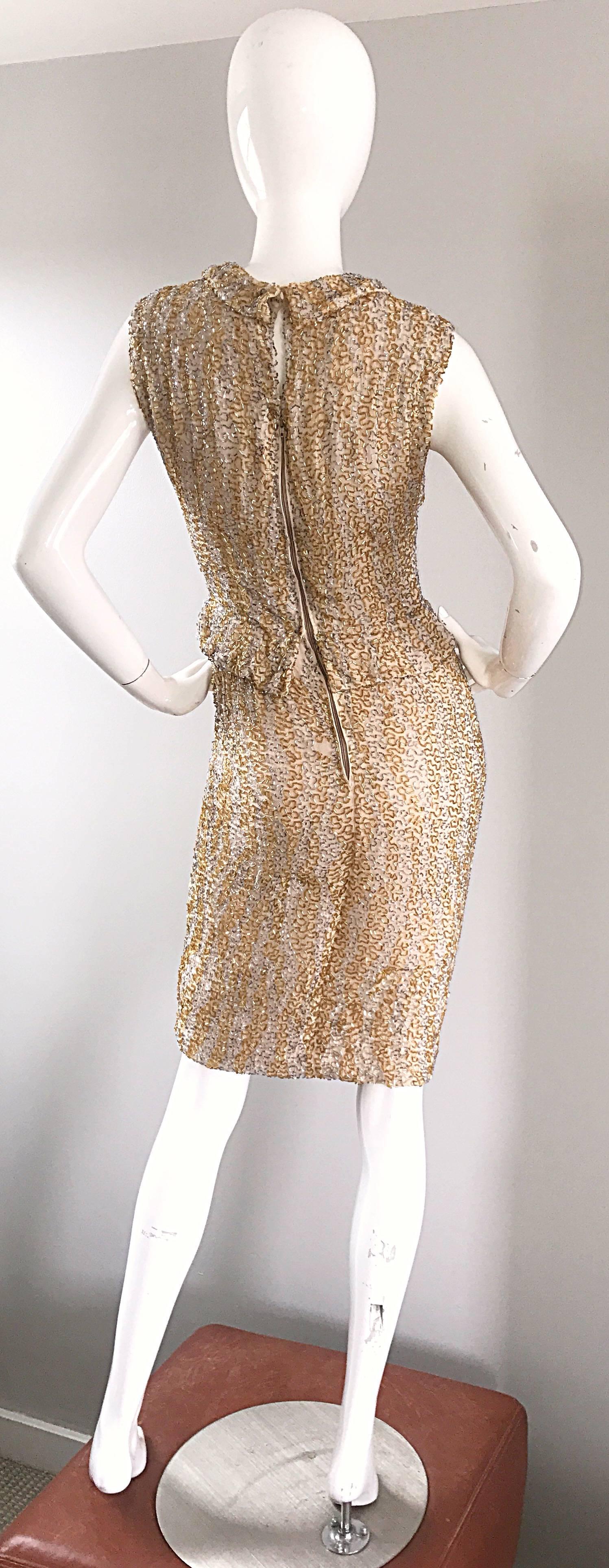 1950s Harvey Furst Demi Couture Gold + Silver Heavily Beaded Silk Chiffon Dress In Excellent Condition In San Diego, CA