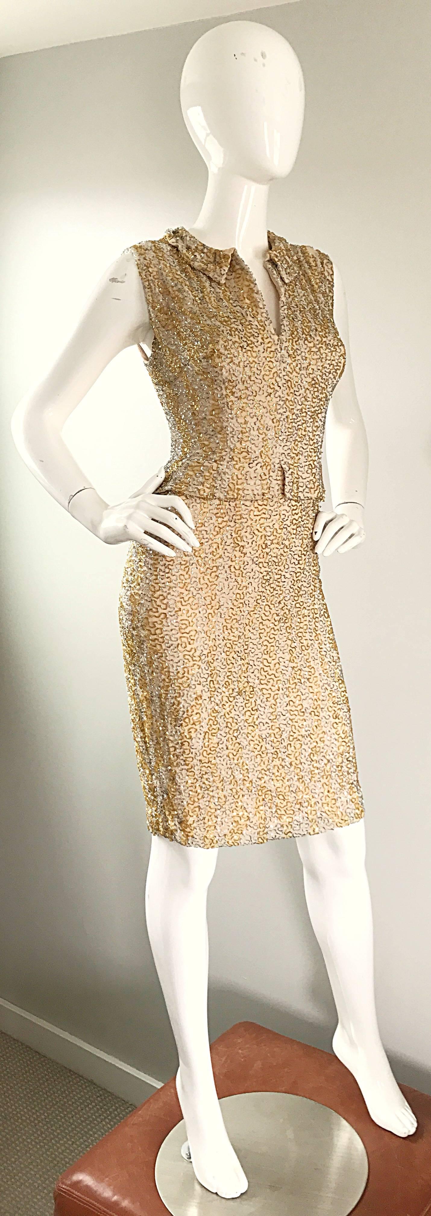 Women's 1950s Harvey Furst Demi Couture Gold + Silver Heavily Beaded Silk Chiffon Dress