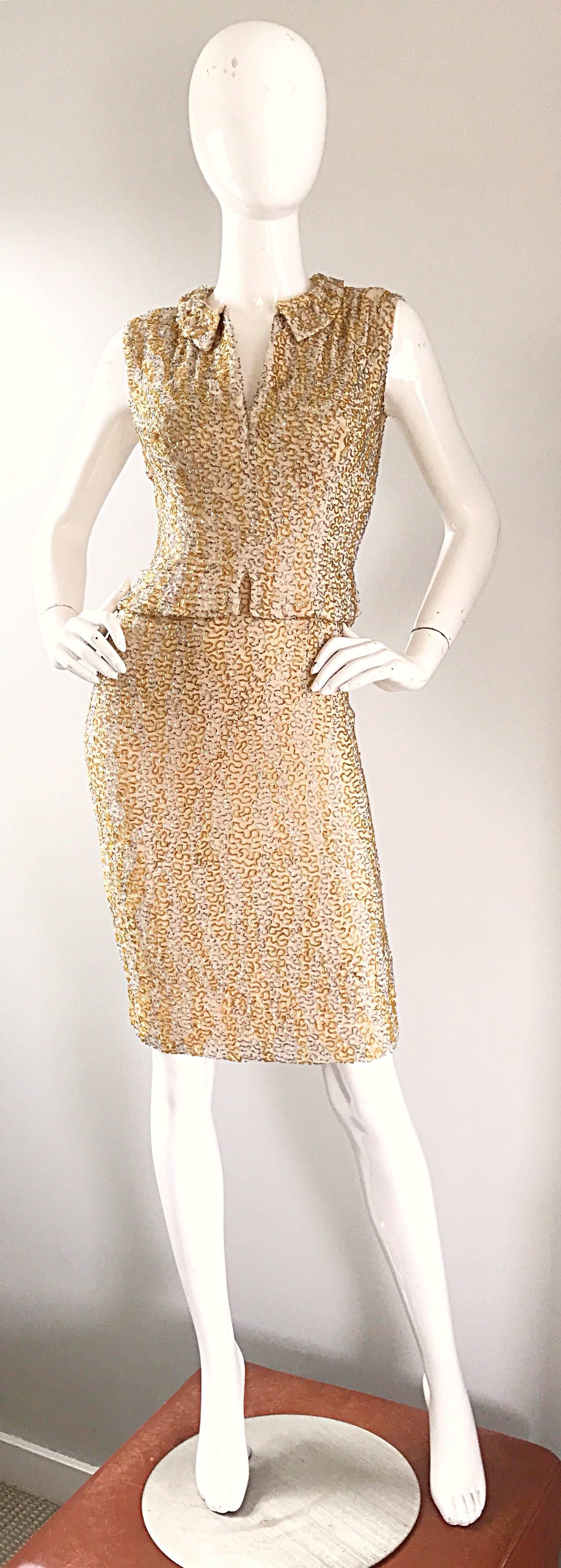 1950s Harvey Furst Demi Couture Gold + Silver Heavily Beaded Silk Chiffon Dress 1