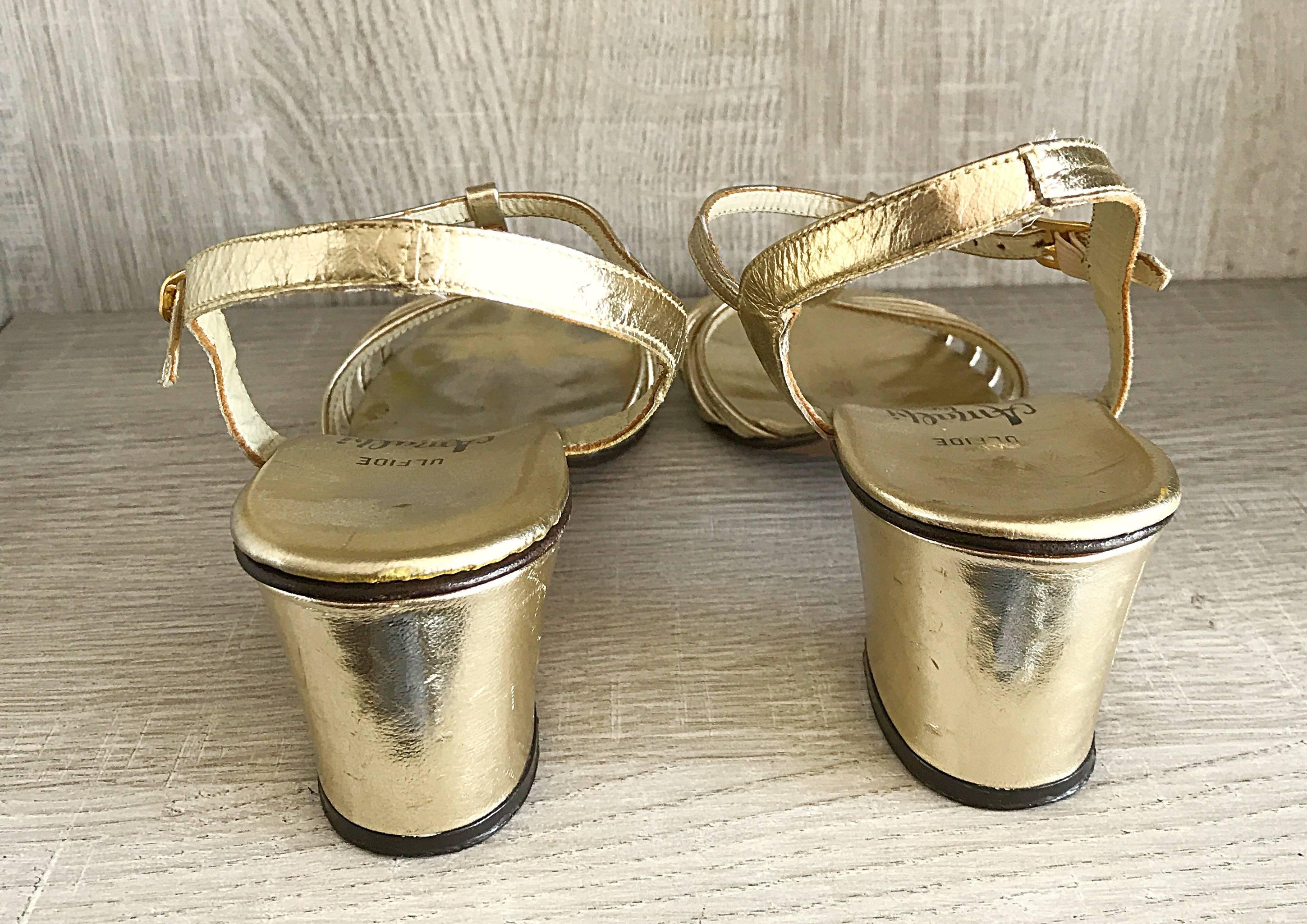 Brown 1960s Amalfi by Rangoni Size 8 Gold Leather Vintage Metallic High Heel Sandals