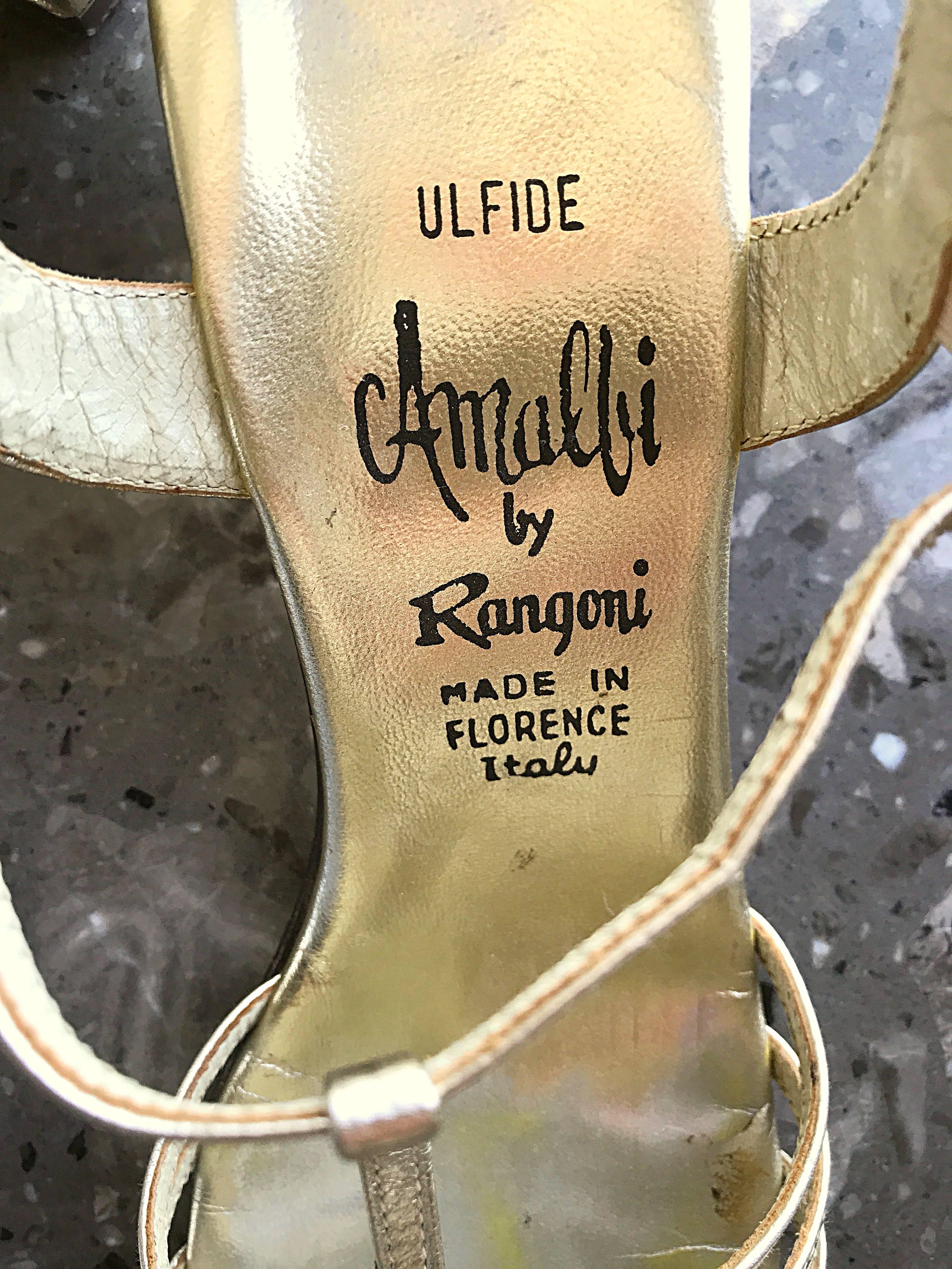 Women's 1960s Amalfi by Rangoni Size 8 Gold Leather Vintage Metallic High Heel Sandals