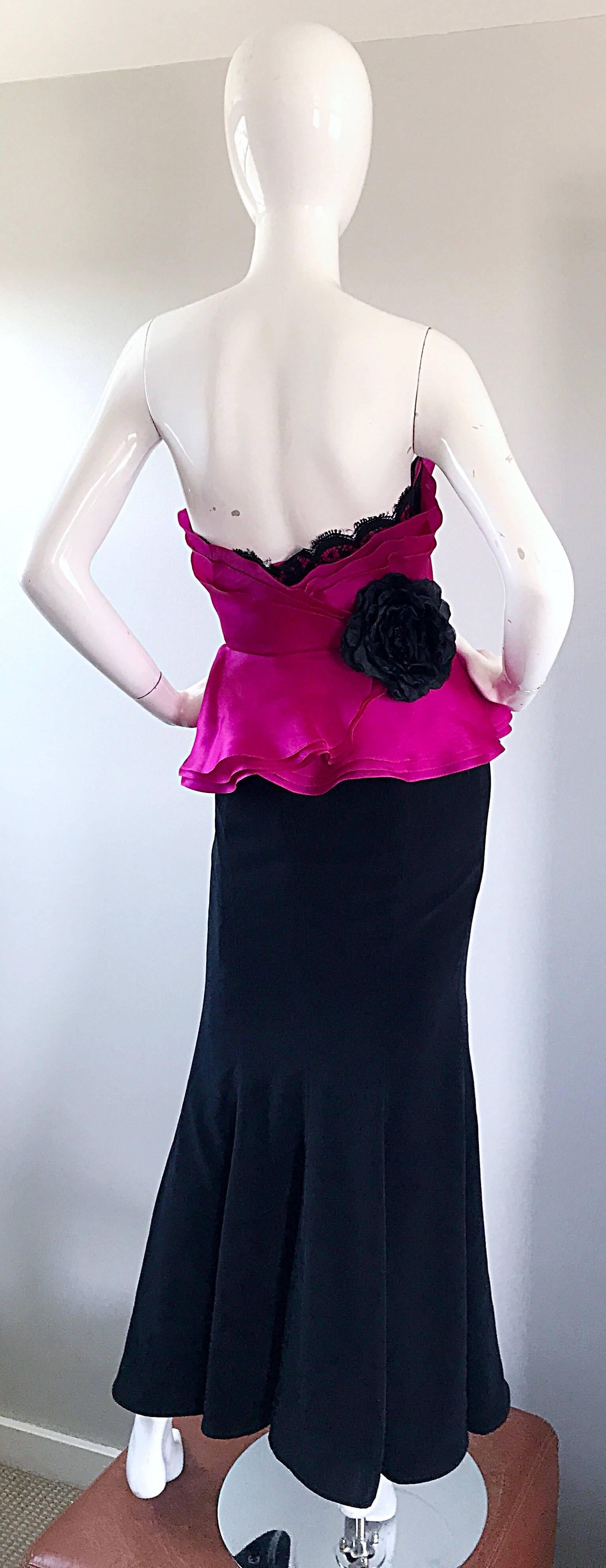 Vintage Wayne Clark Size 12 Hot Pink Fuchsia + Black Silk Strapless 1990s Gown In Excellent Condition For Sale In San Diego, CA