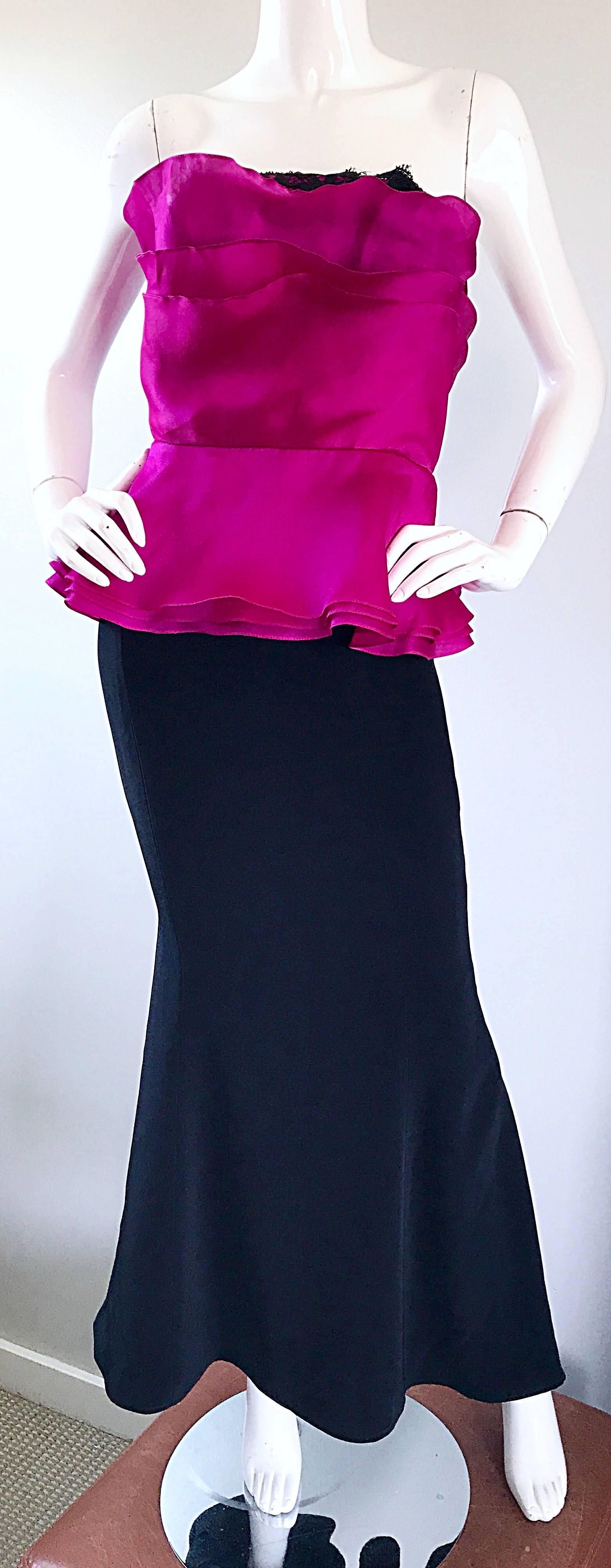 Women's Vintage Wayne Clark Size 12 Hot Pink Fuchsia + Black Silk Strapless 1990s Gown For Sale