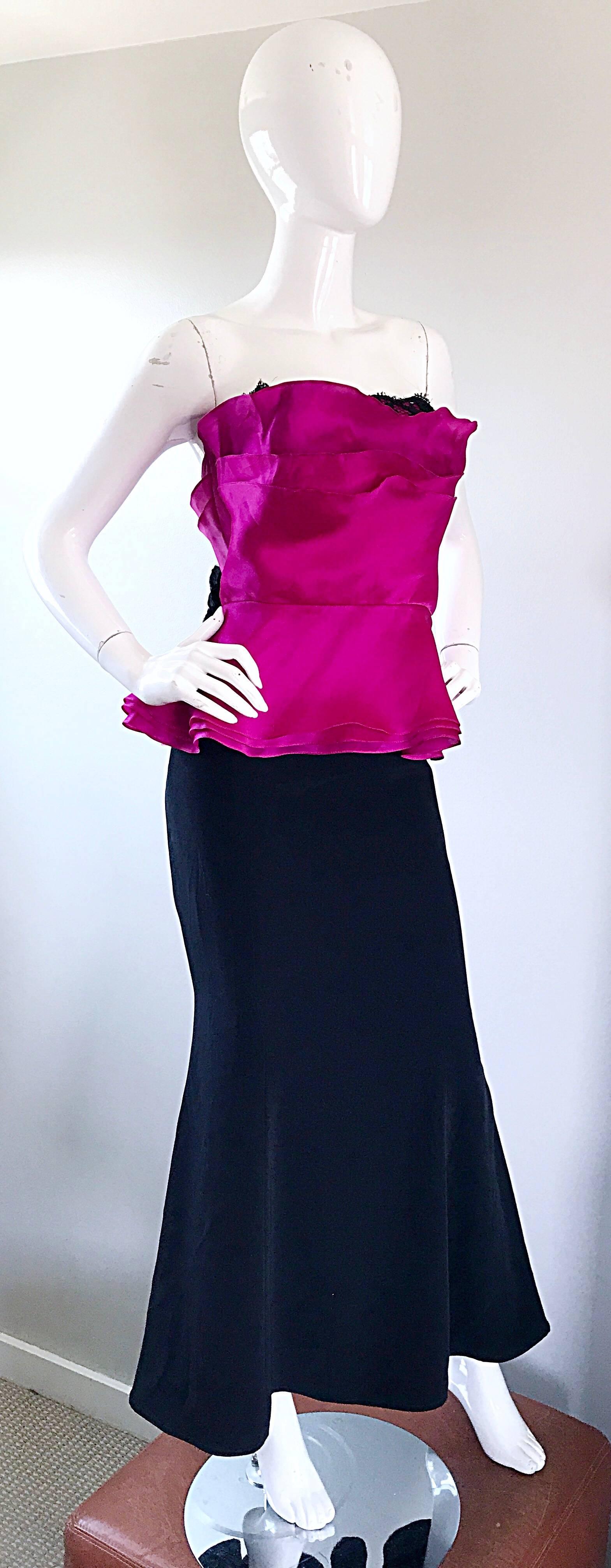 Vintage Wayne Clark Size 12 Hot Pink Fuchsia + Black Silk Strapless 1990s Gown For Sale 1