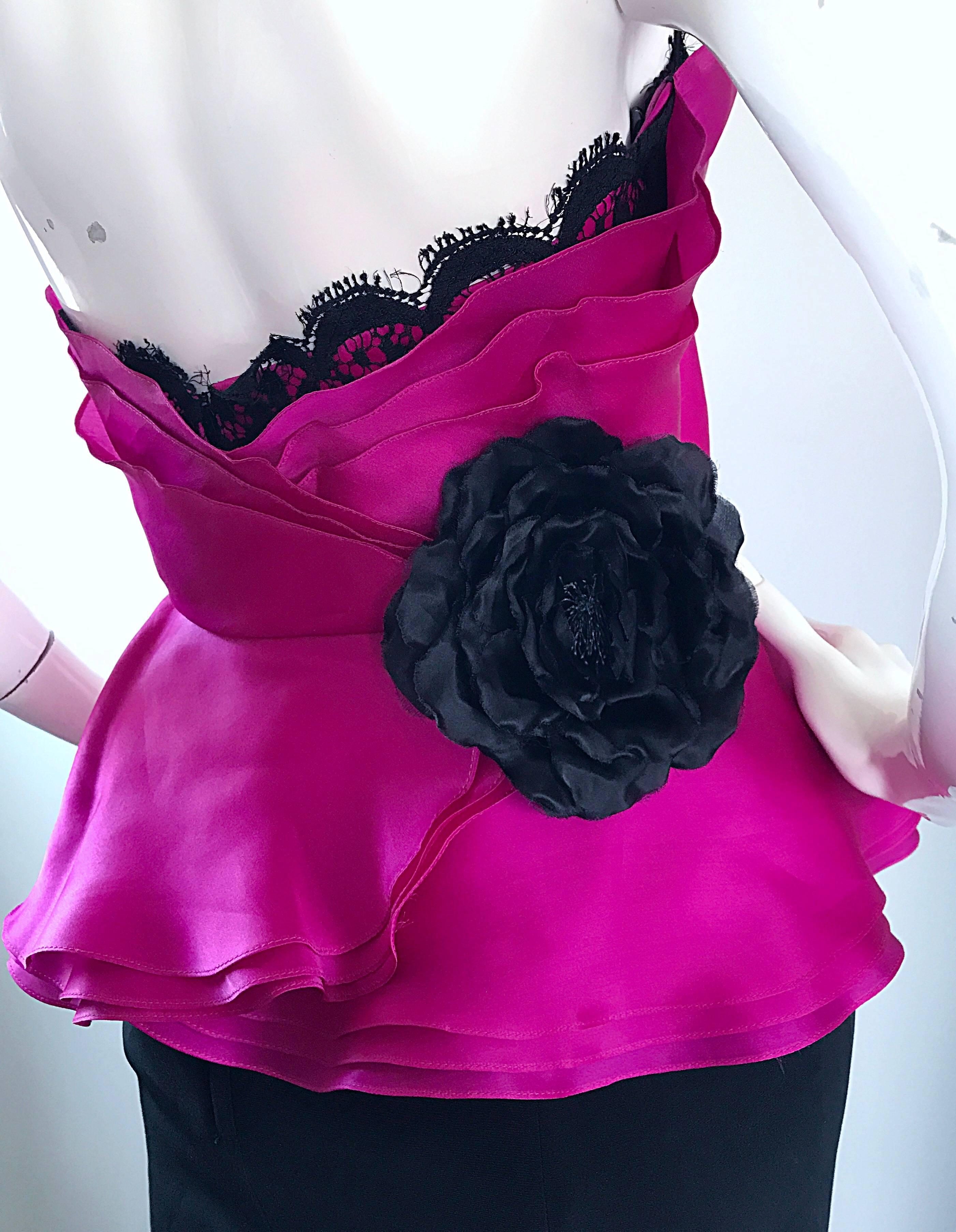 Vintage Wayne Clark Size 12 Hot Pink Fuchsia + Black Silk Strapless 1990s Gown For Sale 2