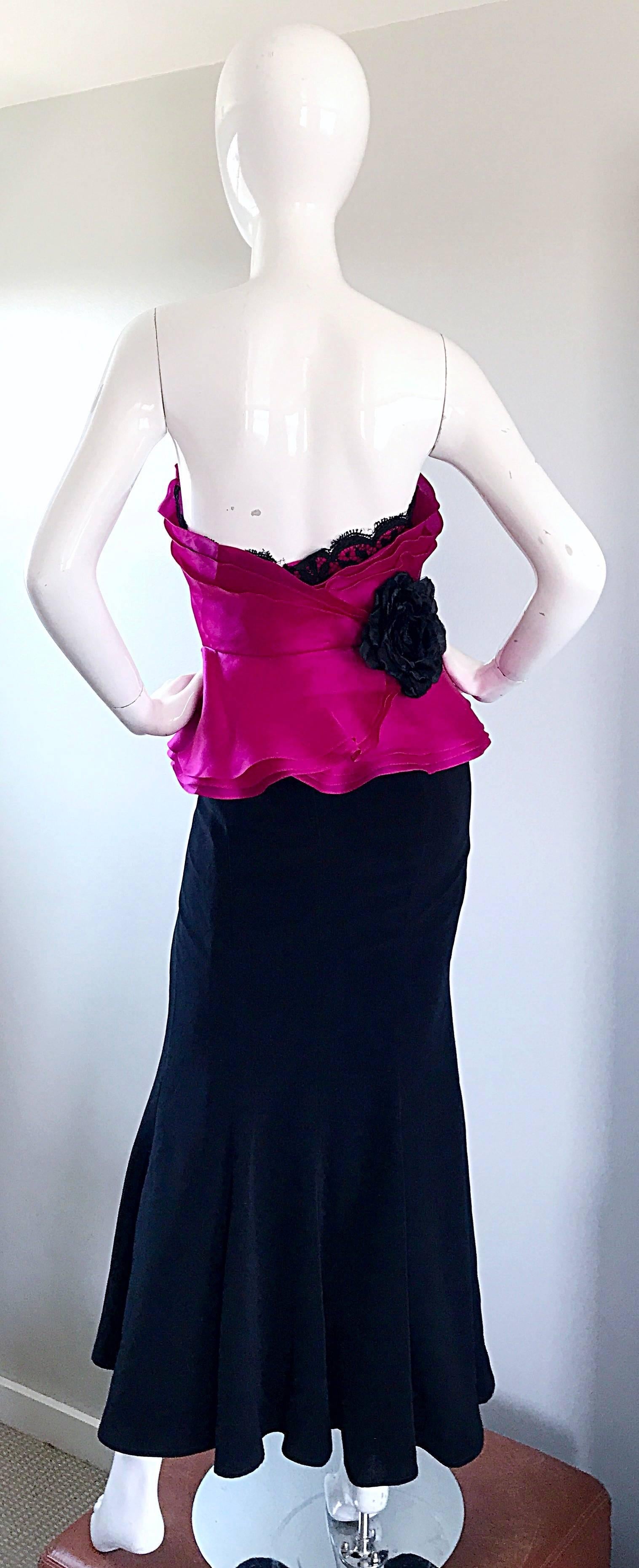 Vintage Wayne Clark Size 12 Hot Pink Fuchsia + Black Silk Strapless 1990s Gown For Sale 3