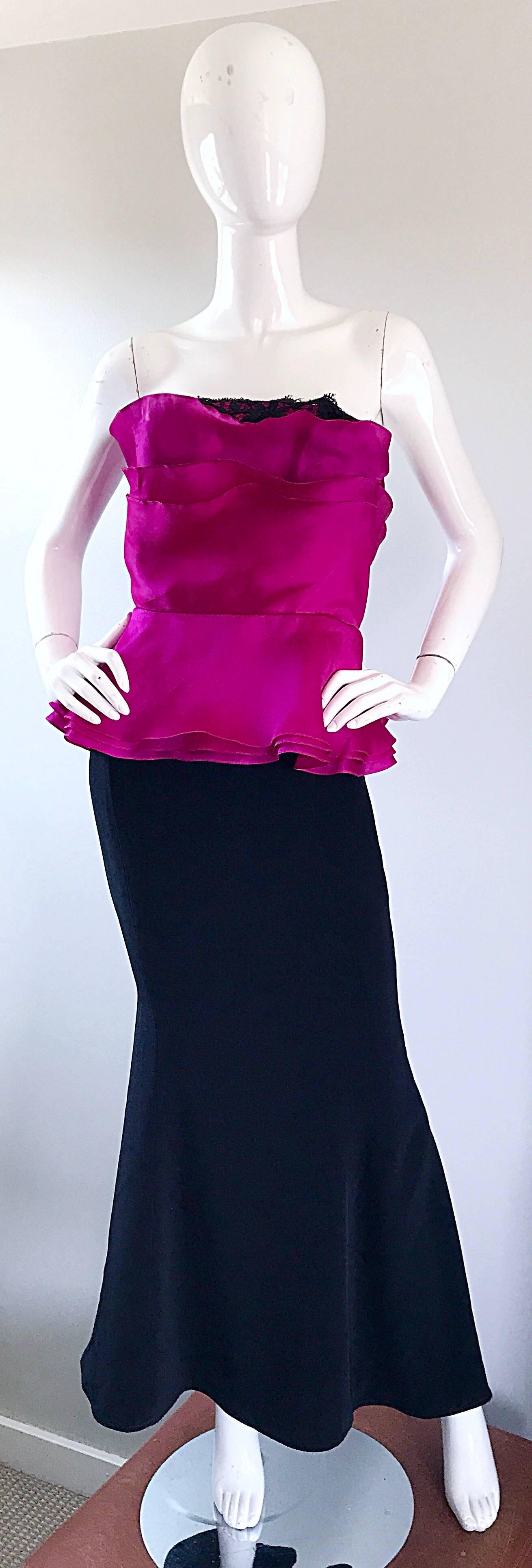 Vintage Wayne Clark Size 12 Hot Pink Fuchsia + Black Silk Strapless 1990s Gown For Sale 4