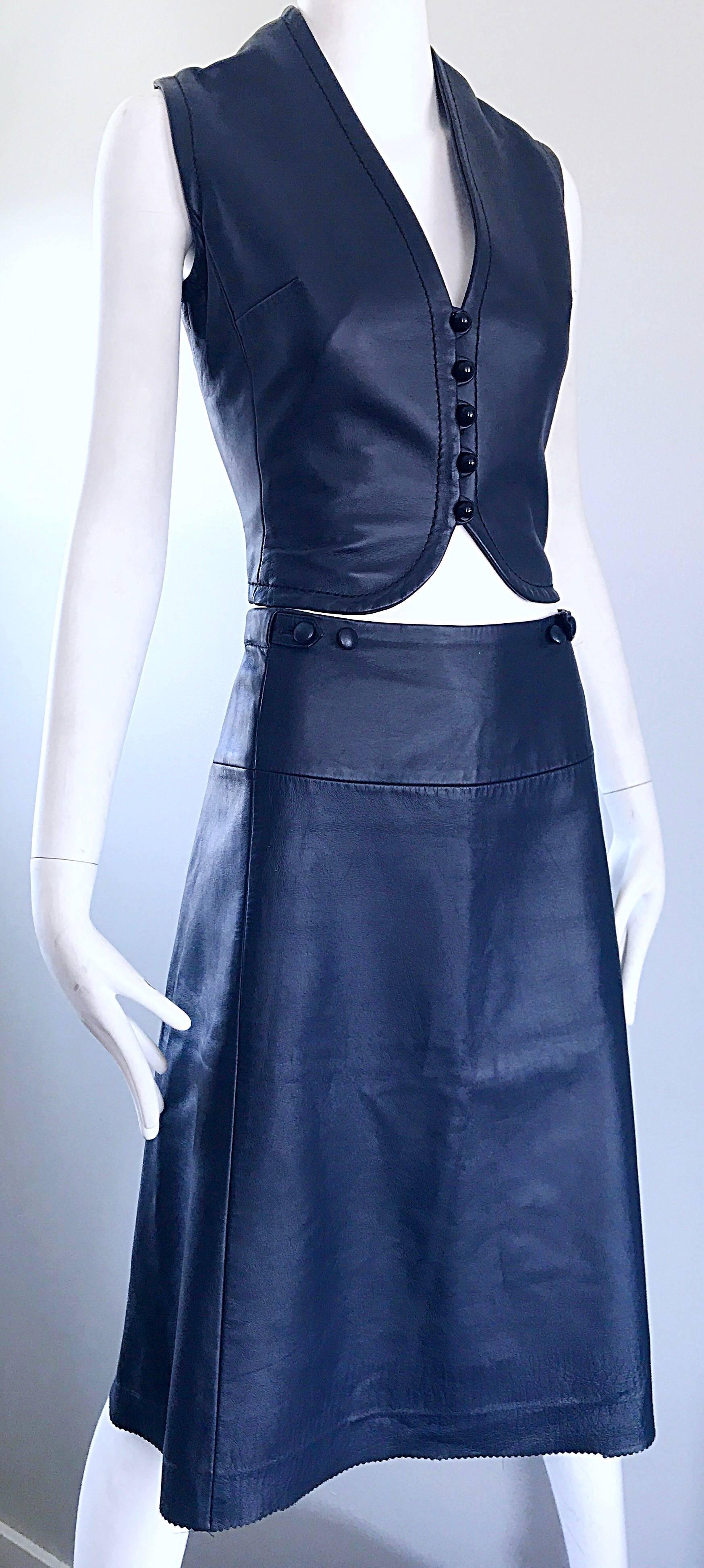 1960s Jean Patou by Karl Lagerfeld Navy Blue Leather Cropped Vest and A
