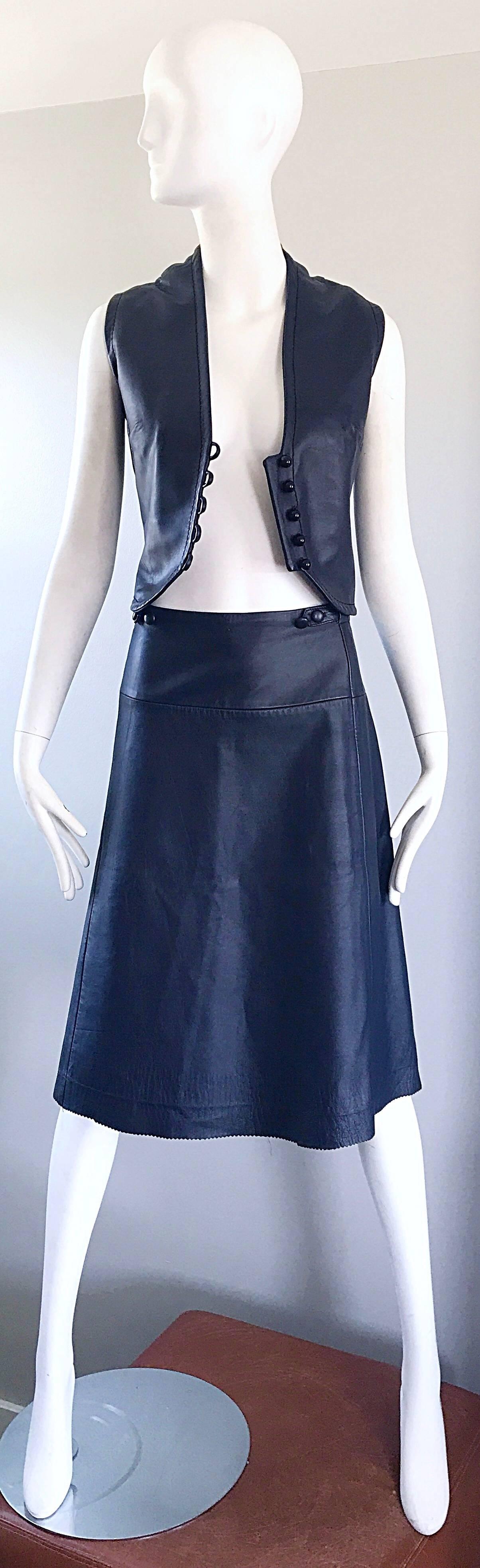 1960s Jean Patou by Karl Lagerfeld Navy Blue Leather Cropped Vest & A Line Skirt In Excellent Condition In San Diego, CA