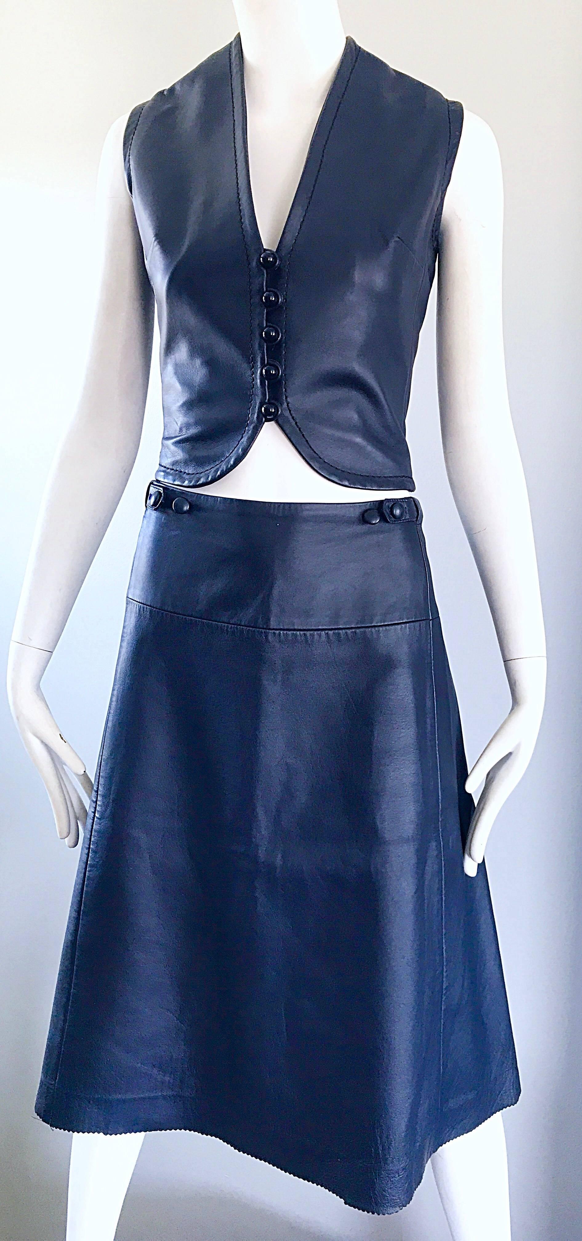 1960s Jean Patou by Karl Lagerfeld Navy Blue Leather Cropped Vest & A Line Skirt 1
