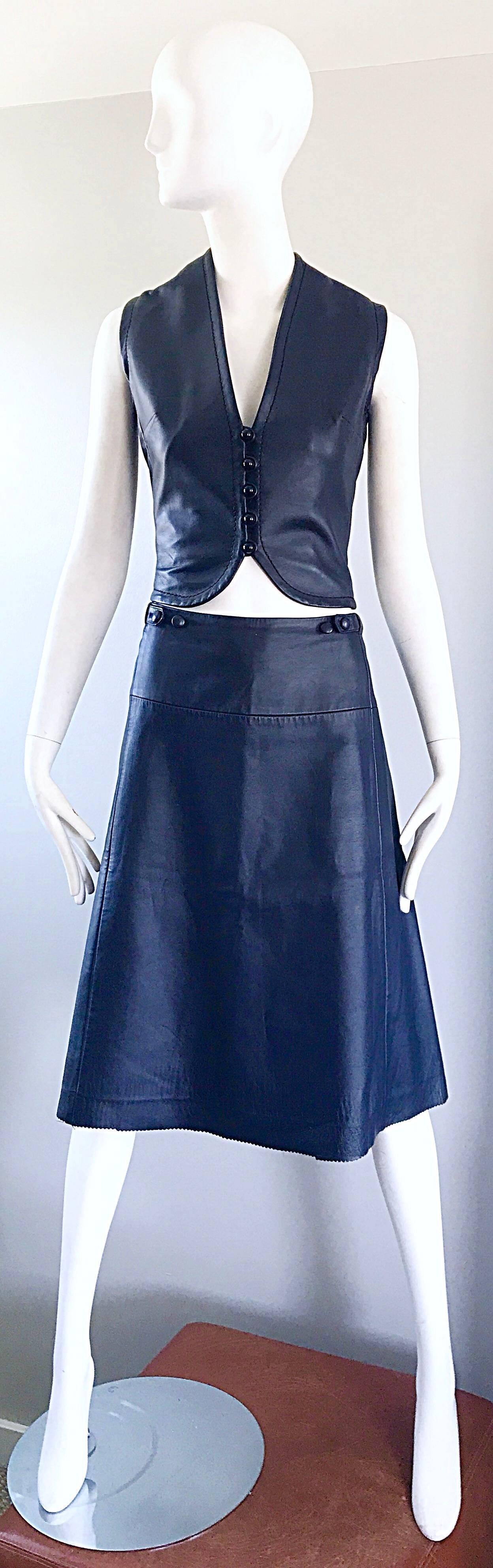 1960s Jean Patou by Karl Lagerfeld Navy Blue Leather Cropped Vest & A Line Skirt 2