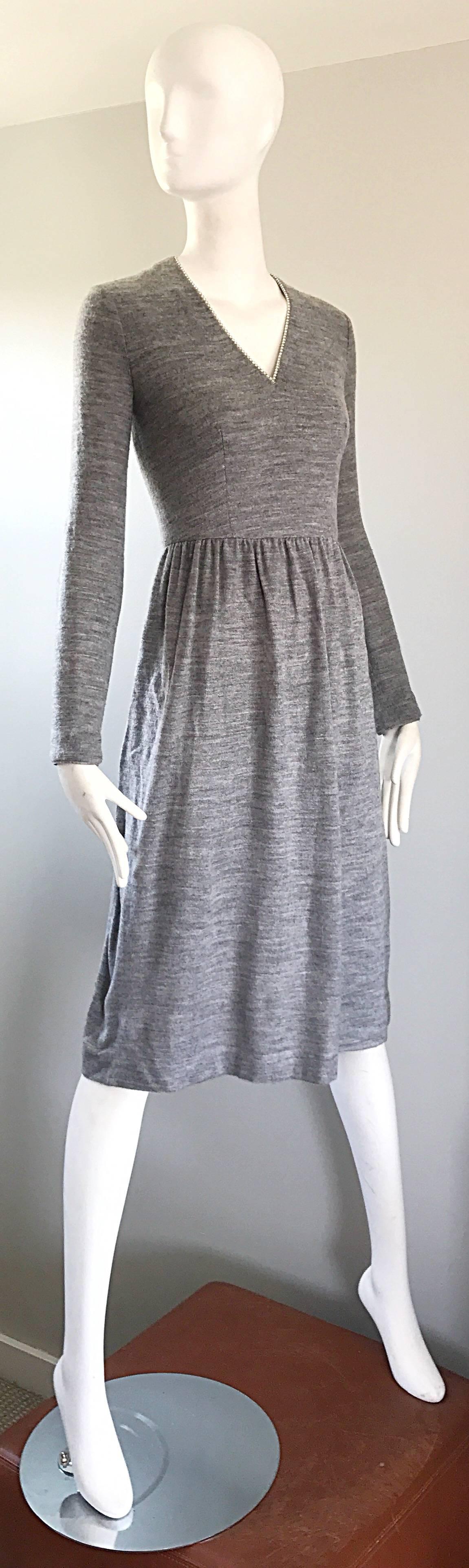 Gray 1970s Heather Grey + Rhinestones Long Sleeve V Neck 70s Vintage Sweater Dress  For Sale