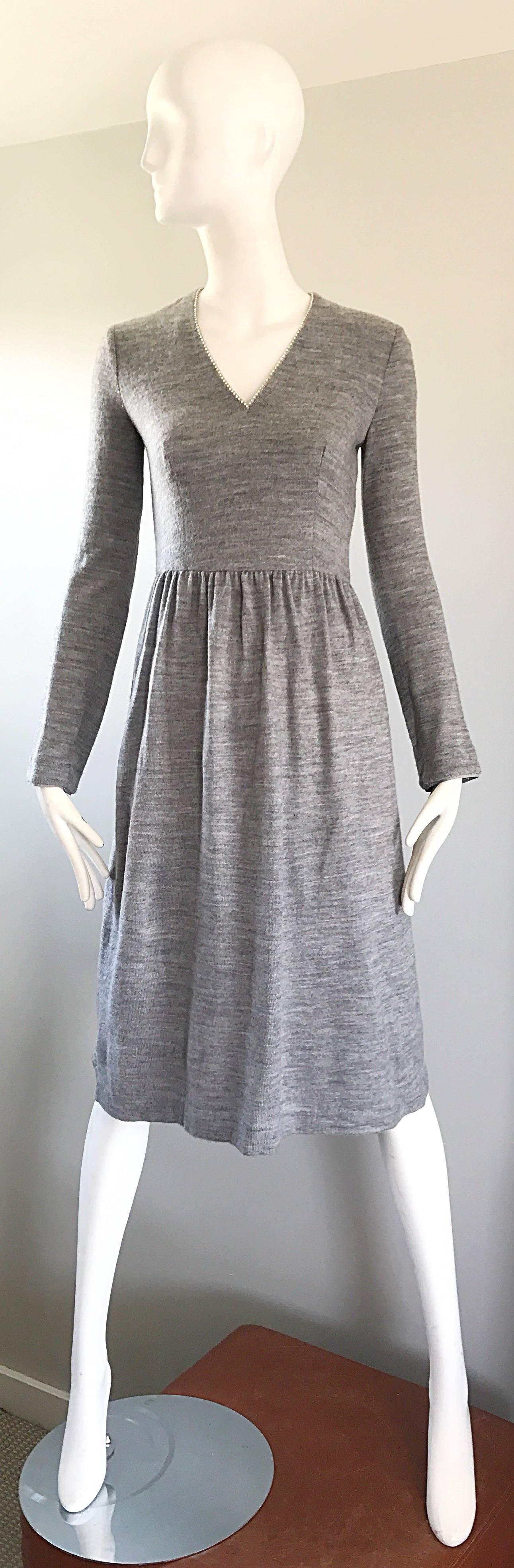 Women's 1970s Heather Grey + Rhinestones Long Sleeve V Neck 70s Vintage Sweater Dress  For Sale