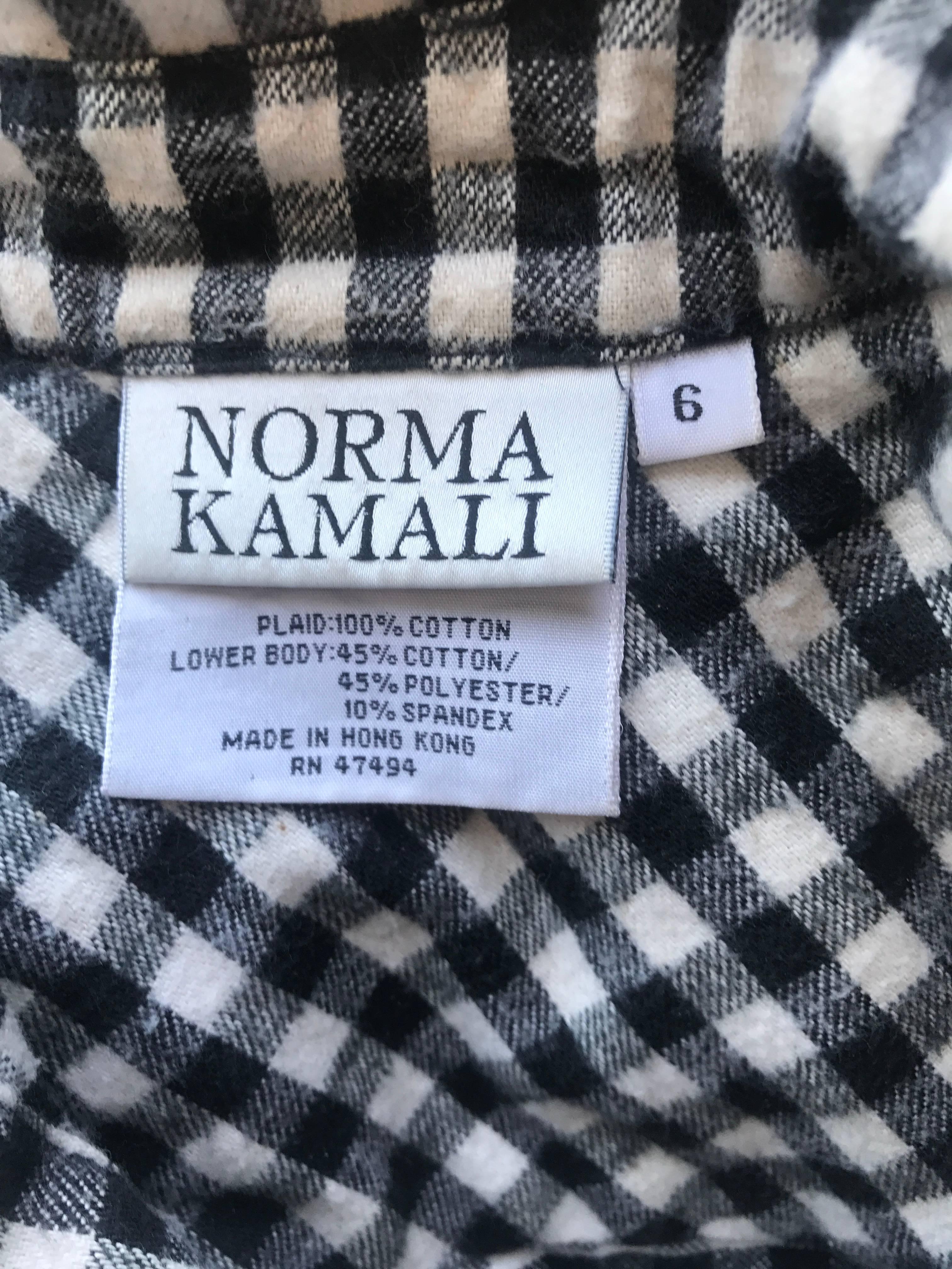 Vintage Norma Kamali 1990s Black and White Checkered Flannel One Piece Bodysuit  3