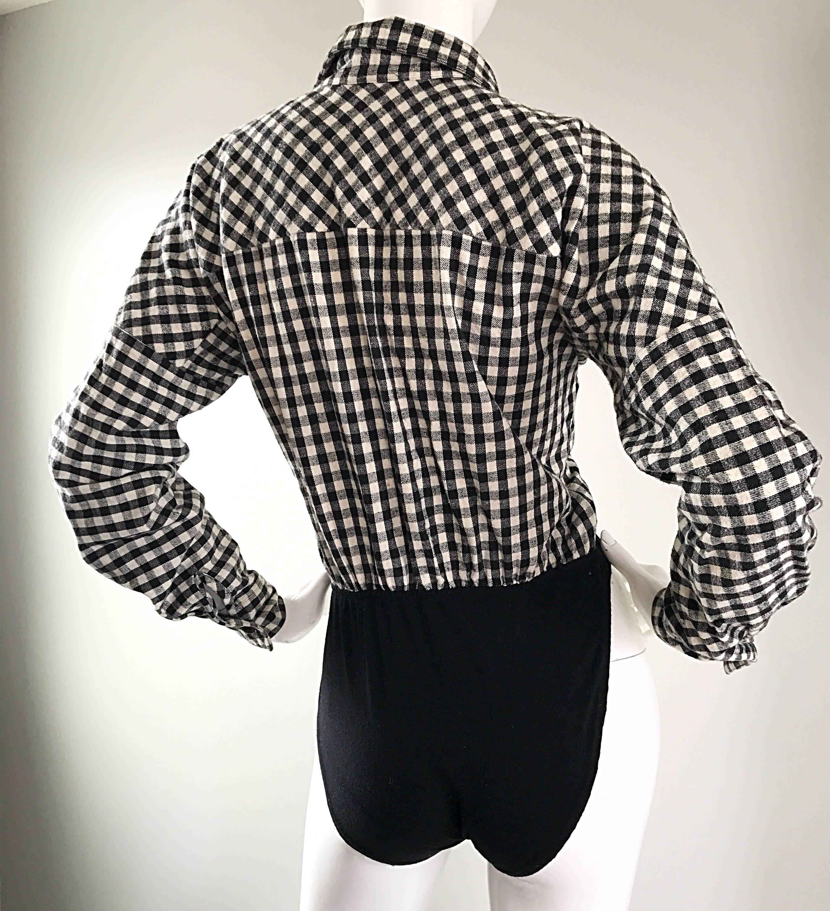 Women's Vintage Norma Kamali 1990s Black and White Checkered Flannel One Piece Bodysuit 