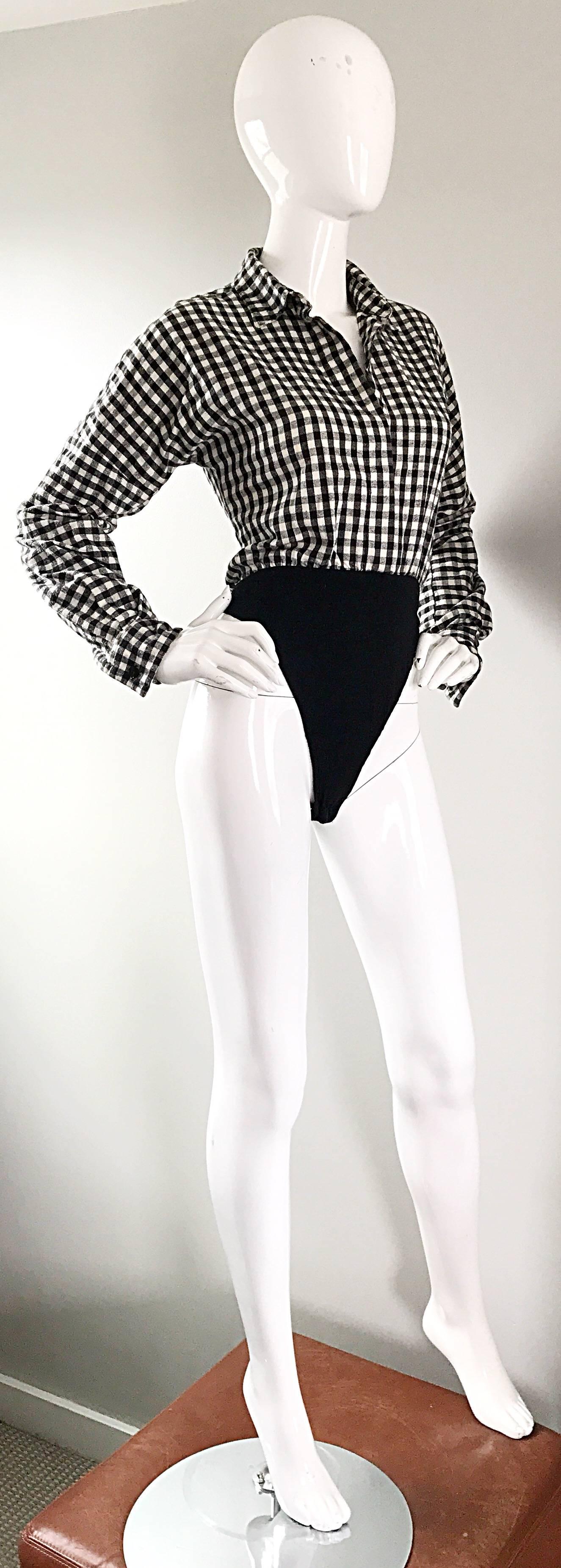 Vintage Norma Kamali 1990s Black and White Checkered Flannel One Piece Bodysuit  1
