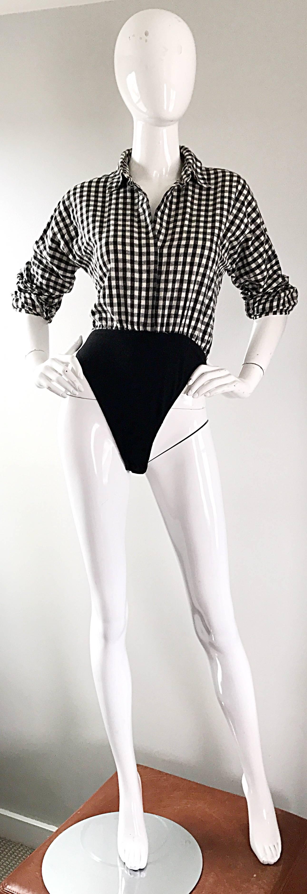 Vintage Norma Kamali 1990s Black and White Checkered Flannel One Piece Bodysuit  In Excellent Condition In San Diego, CA