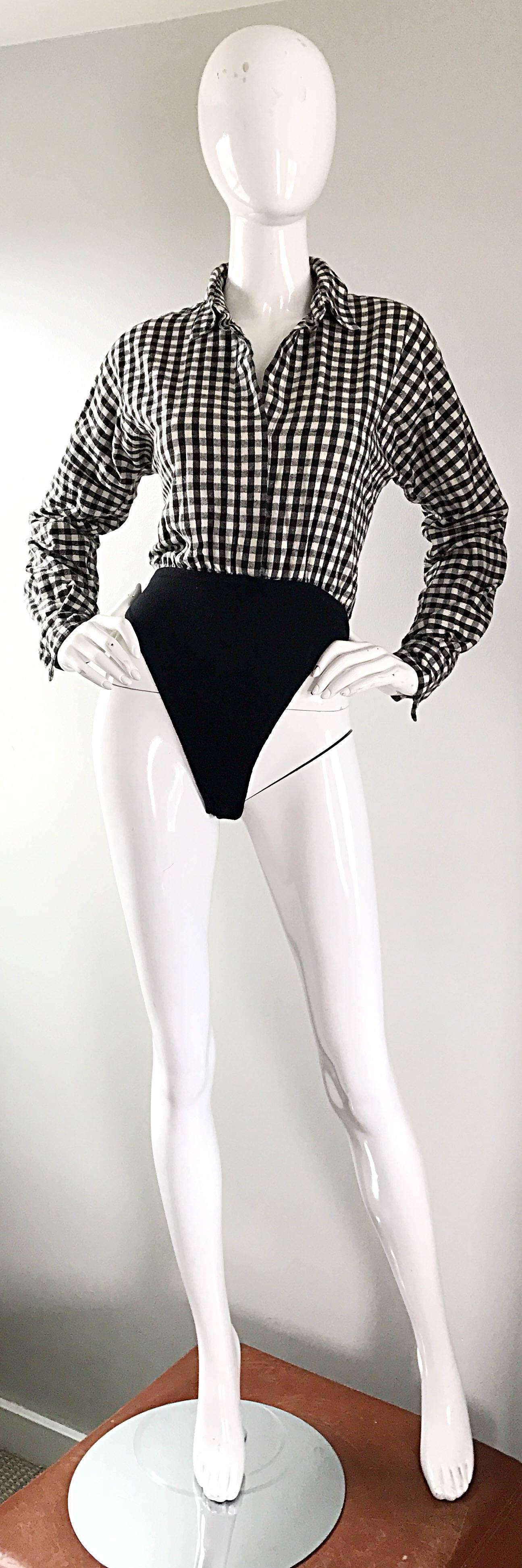 Vintage Norma Kamali 1990s Black and White Checkered Flannel One Piece Bodysuit  2