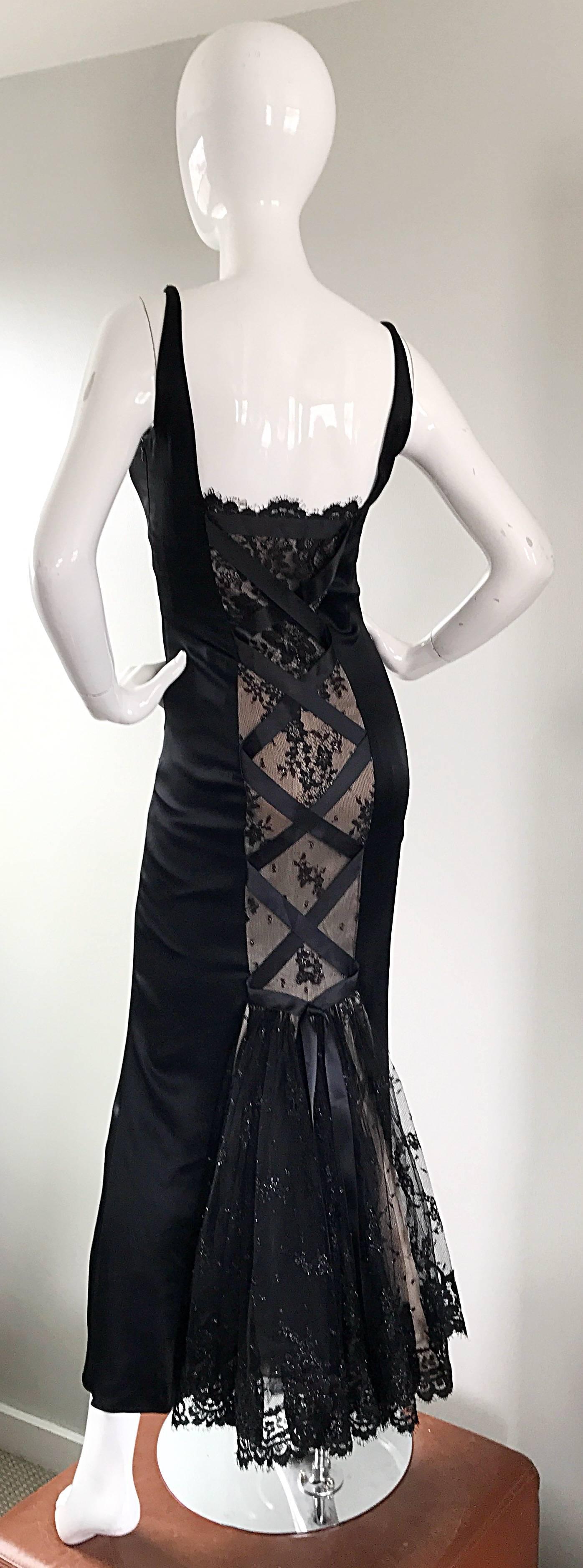 Gorgeous 1990s Lorcan Mullany for Bellville Sassoon Black + Nude Silk Lace Gown For Sale 2
