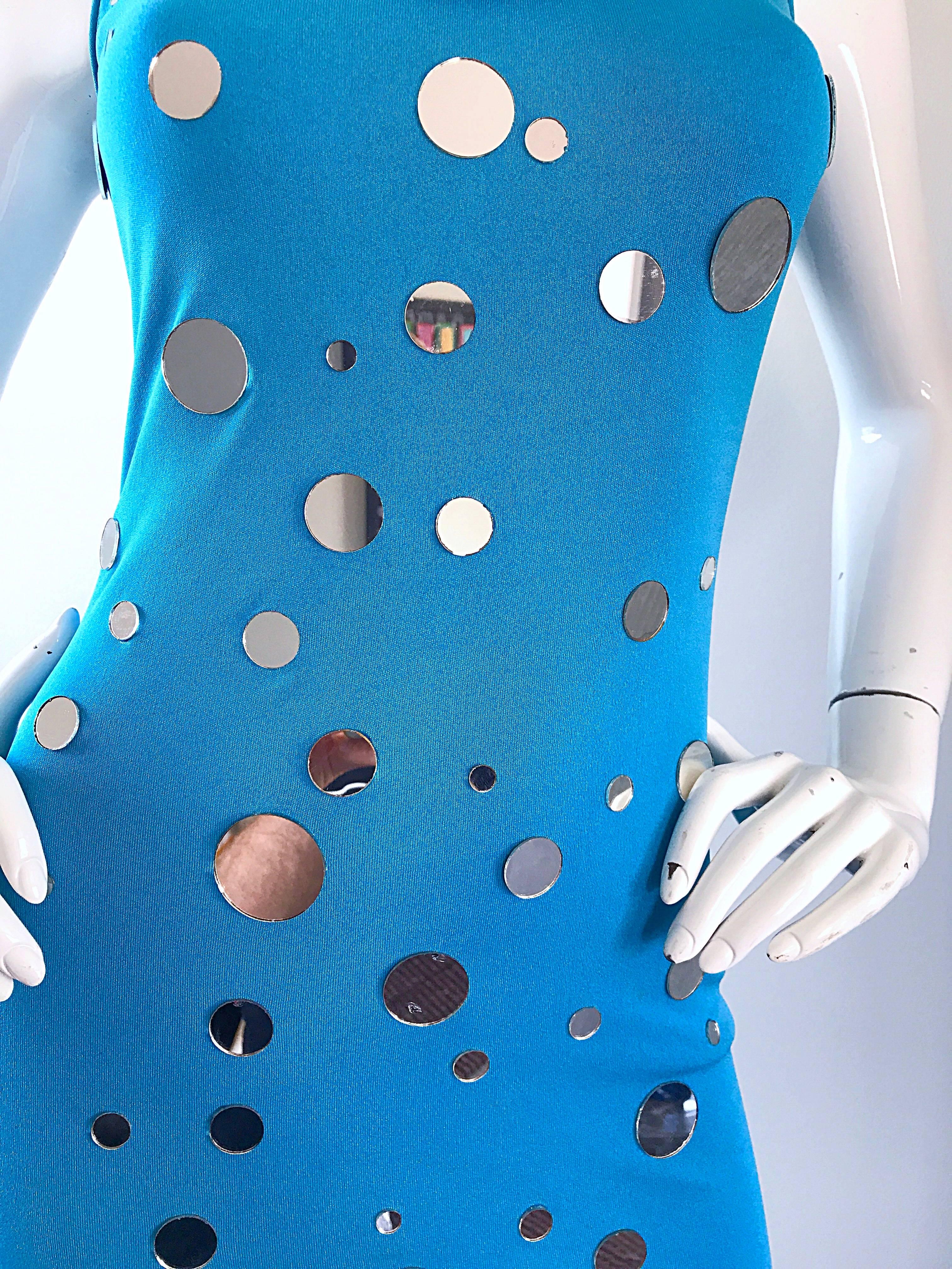 Documented C.D. Greene Turquoise Teal Blue Vintage Mirrored Bodycon Beaded Dress In Excellent Condition In San Diego, CA