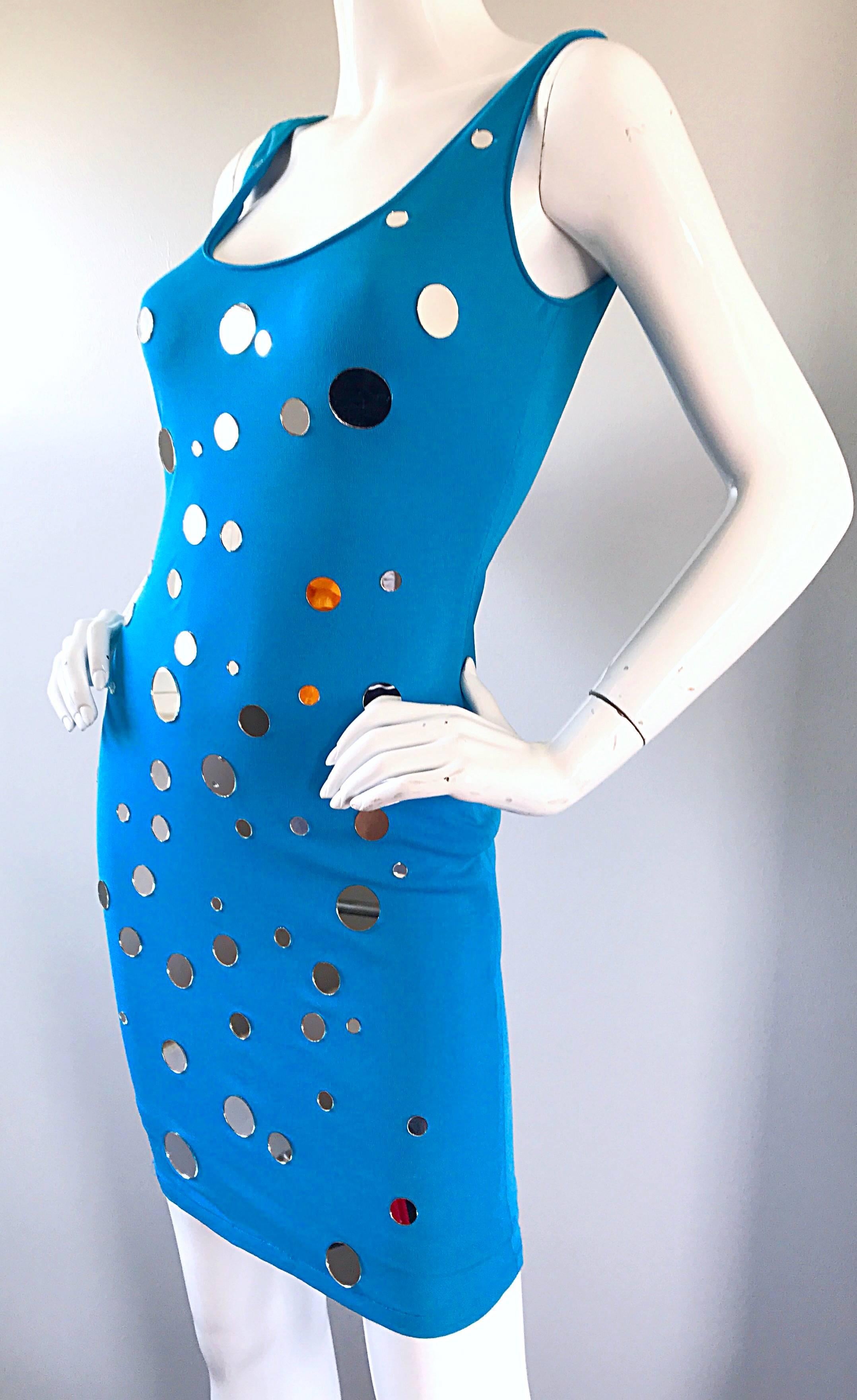 Documented C.D. Greene Turquoise Teal Blue Vintage Mirrored Bodycon Beaded Dress 1