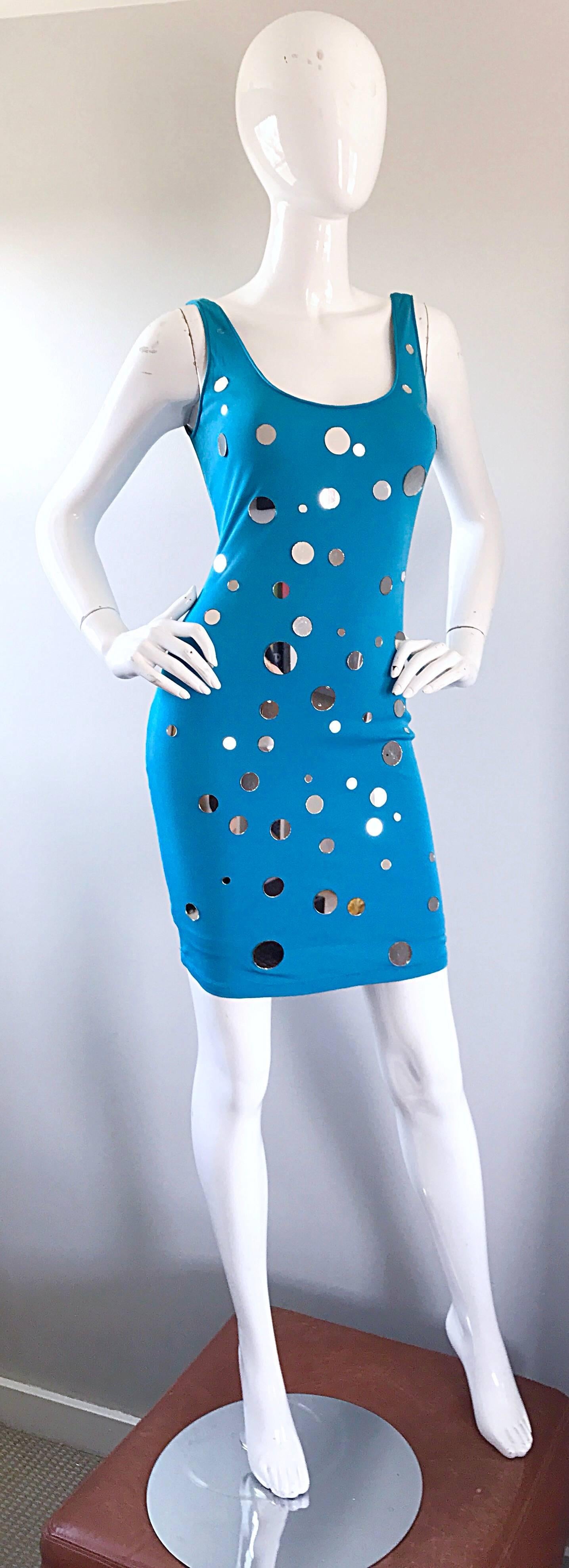 Documented C.D. Greene Turquoise Teal Blue Vintage Mirrored Bodycon Beaded Dress 2