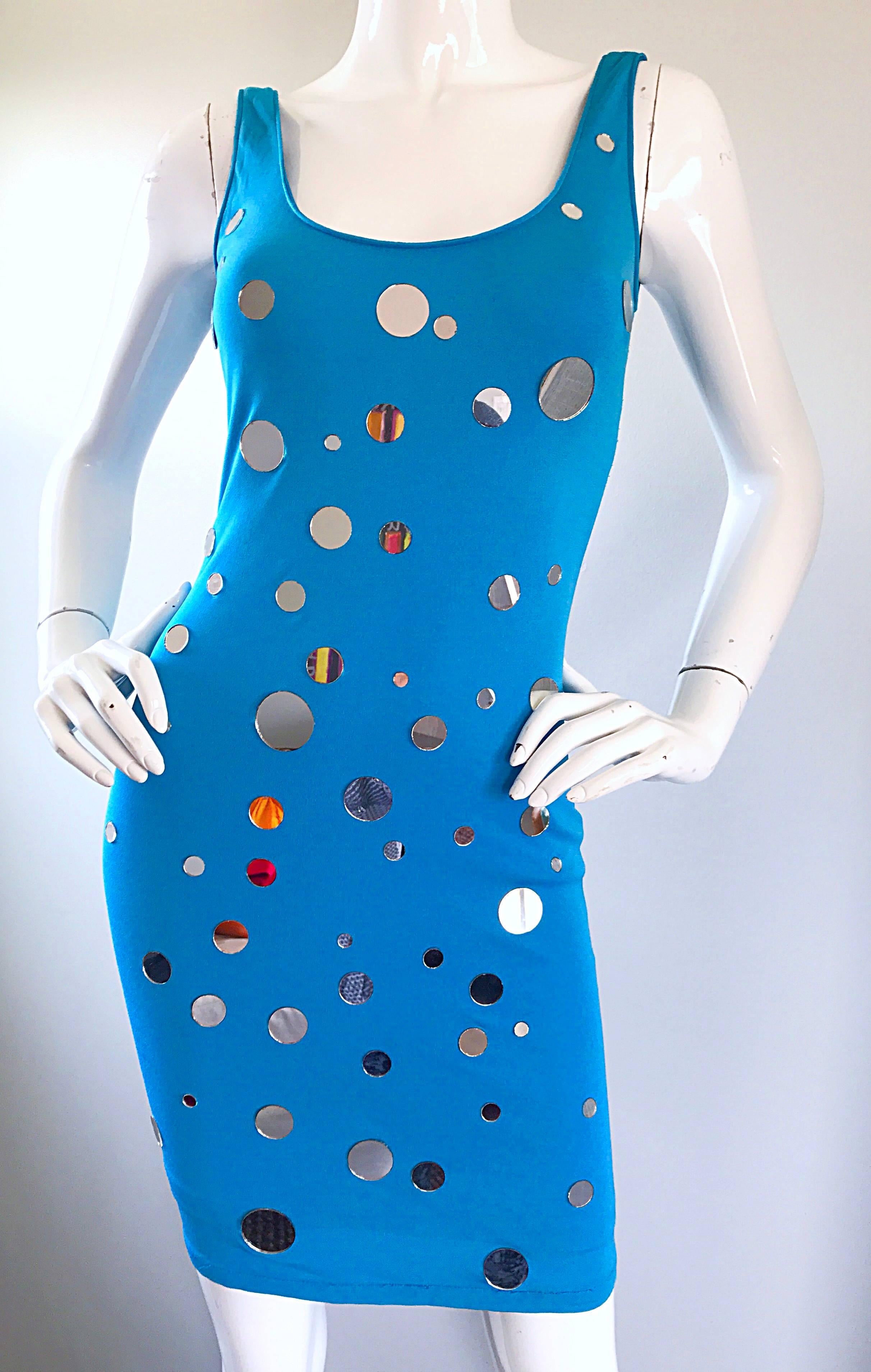Documented C.D. Greene Turquoise Teal Blue Vintage Mirrored Bodycon Beaded Dress 3