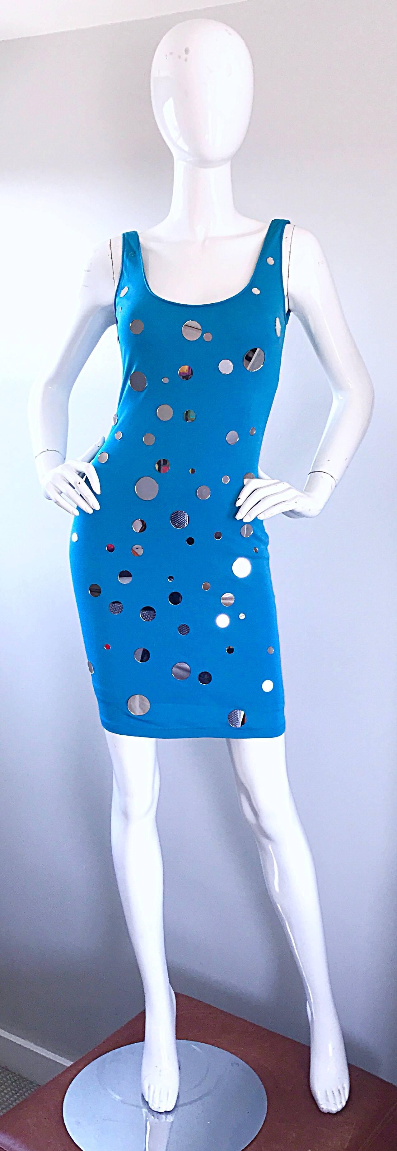 Documented C.D. Greene Turquoise Teal Blue Vintage Mirrored Bodycon Beaded Dress 5