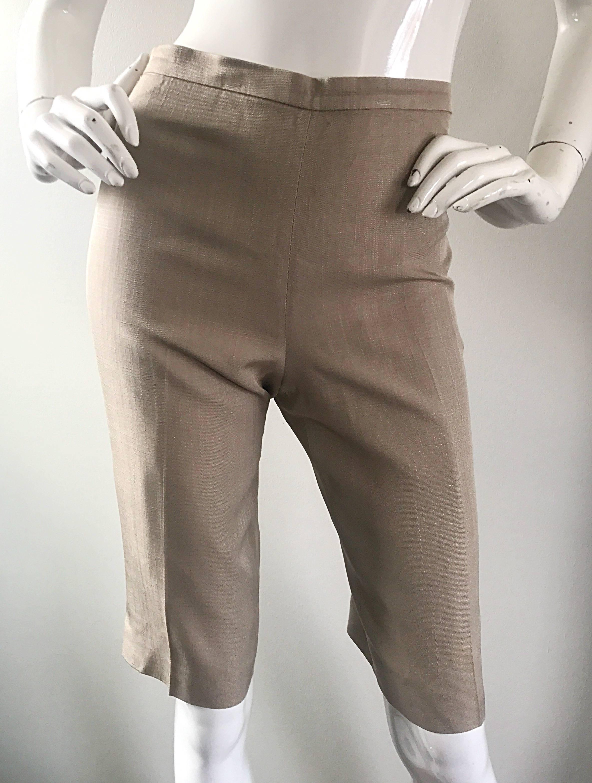 Women's Vintage Michael Kors Collection 1990s Khaki Silk Cropped Capri Pants Shorts Sz 6